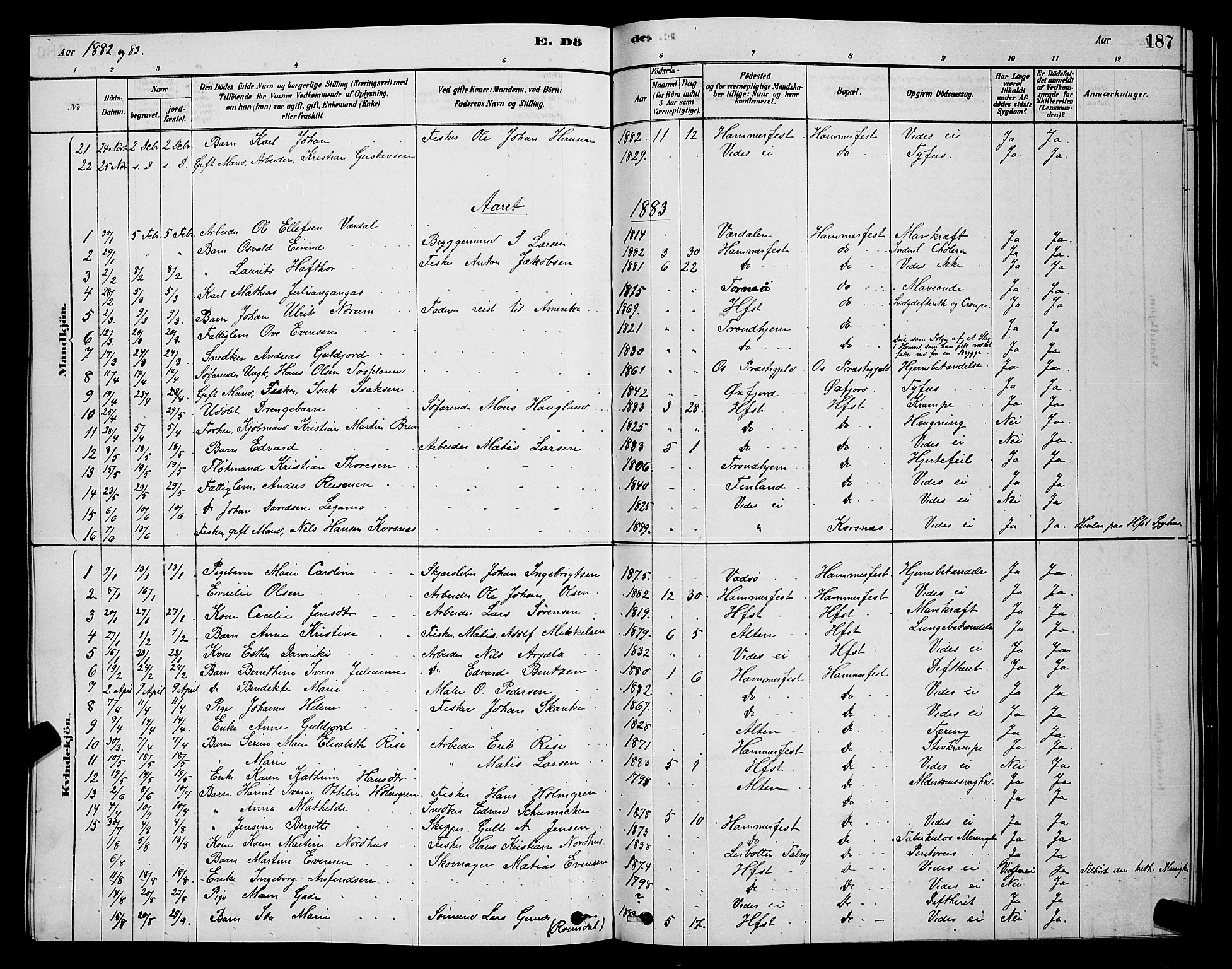 Hammerfest sokneprestkontor, SATØ/S-1347/H/Hb/L0006.klokk: Parish register (copy) no. 6, 1876-1884, p. 187