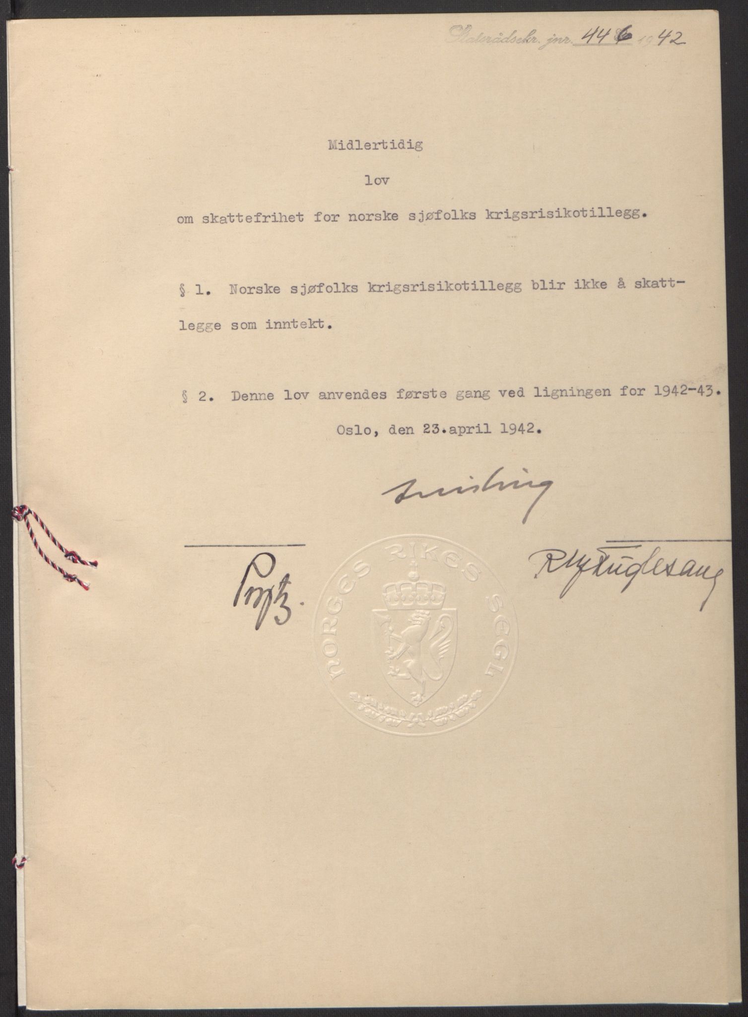 NS-administrasjonen 1940-1945 (Statsrådsekretariatet, de kommisariske statsråder mm), RA/S-4279/D/Db/L0097: Lover I, 1942, p. 323