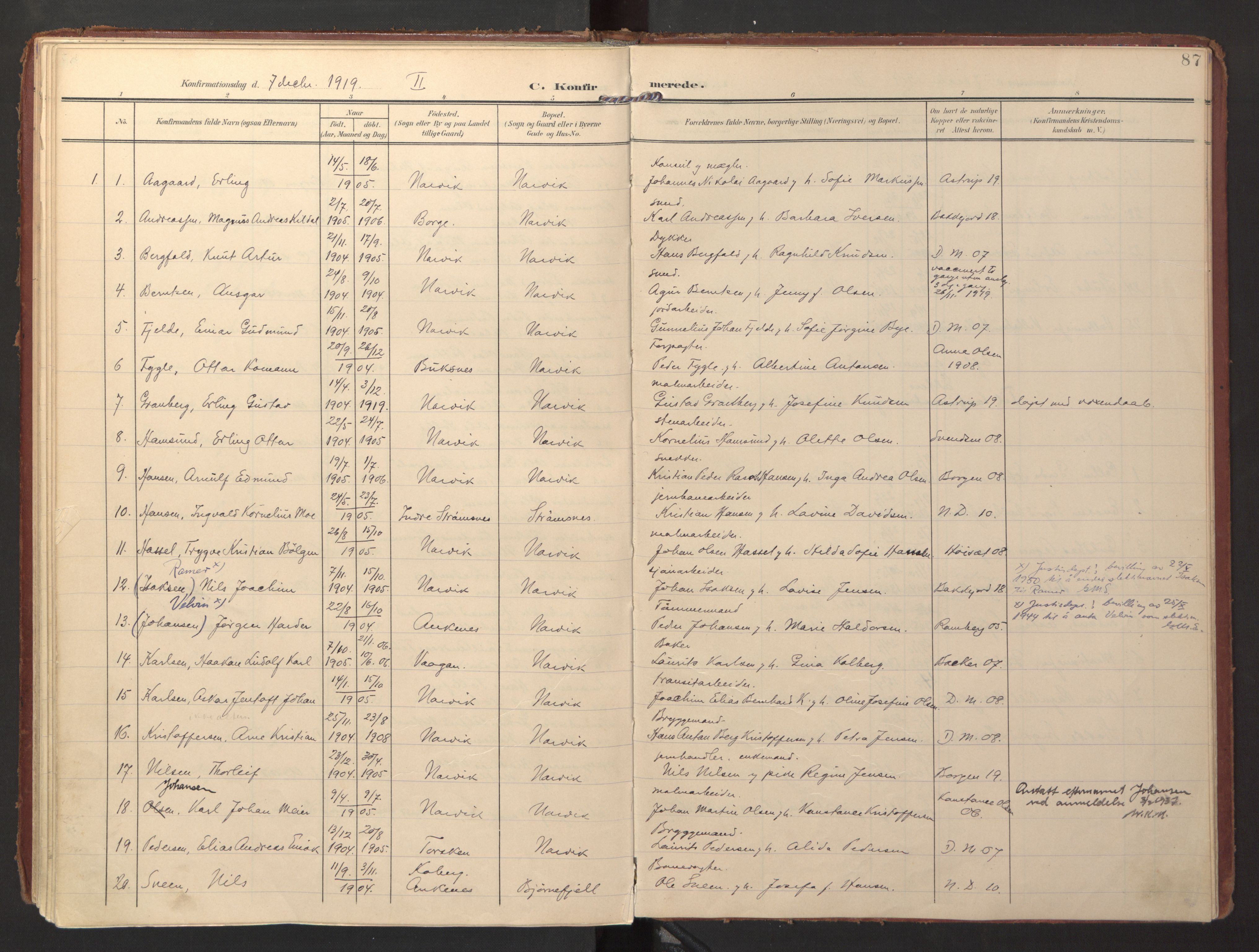 Ministerialprotokoller, klokkerbøker og fødselsregistre - Nordland, AV/SAT-A-1459/871/L0998: Parish register (official) no. 871A14, 1902-1921, p. 87