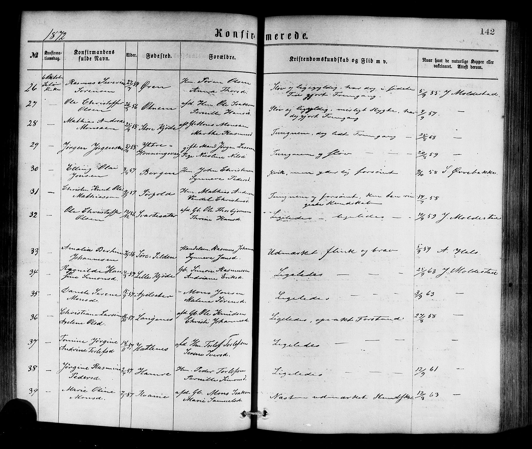 Selje sokneprestembete, SAB/A-99938/H/Ha/Haa/Haaa: Parish register (official) no. A 12, 1870-1880, p. 142