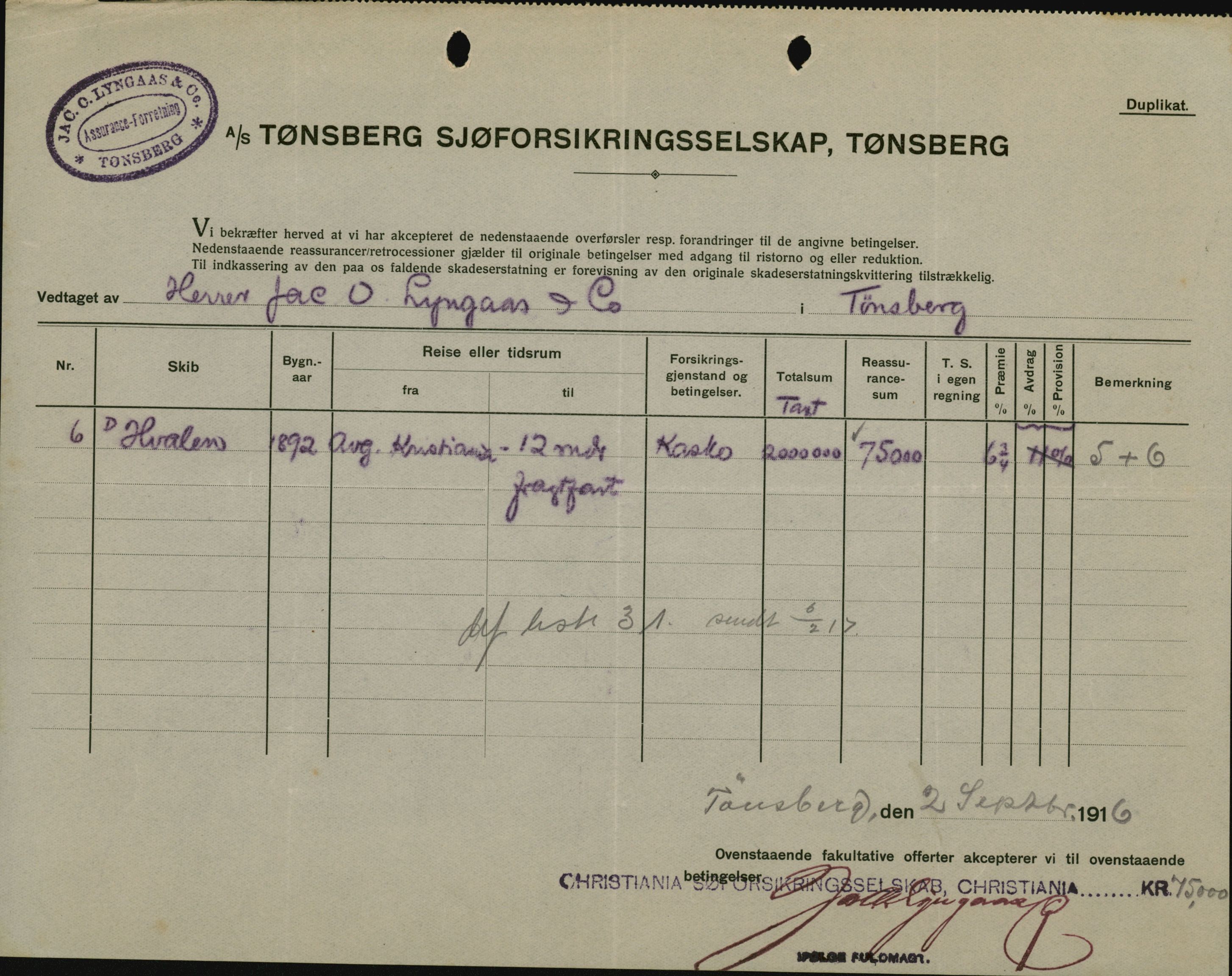 Pa 664 - Tønsberg Sjøforsikringsselskap, VEMU/A-1773/F/L0001: Forsikringspoliser, 1915-1918