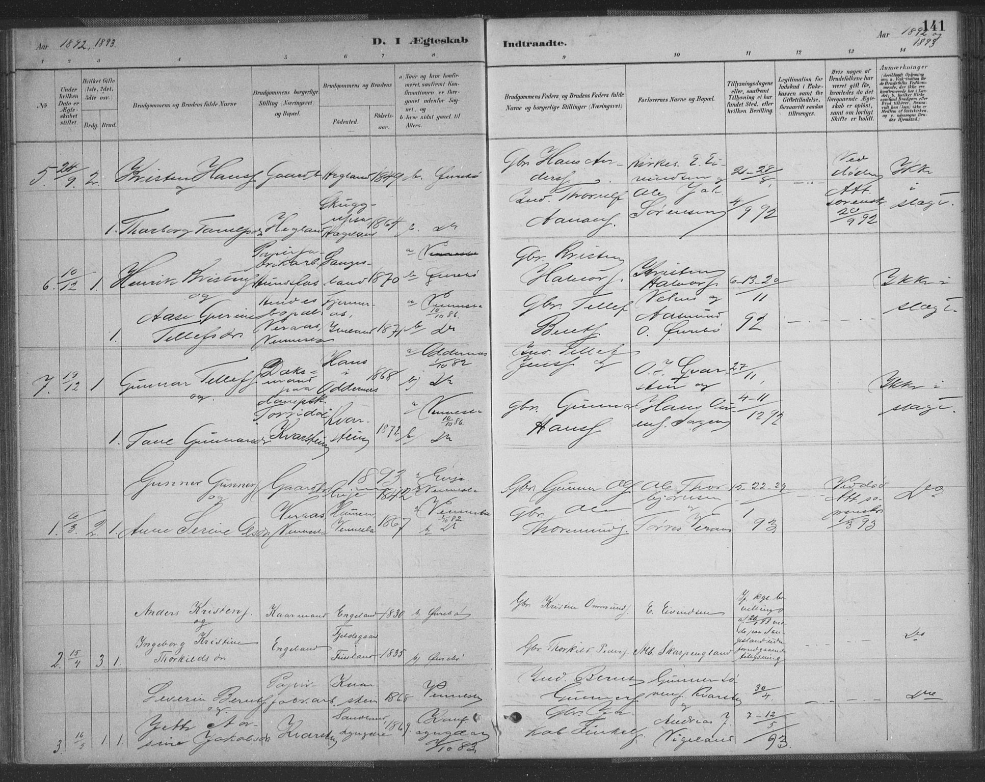 Vennesla sokneprestkontor, SAK/1111-0045/Fa/Fac/L0009: Parish register (official) no. A 9, 1884-1901, p. 141