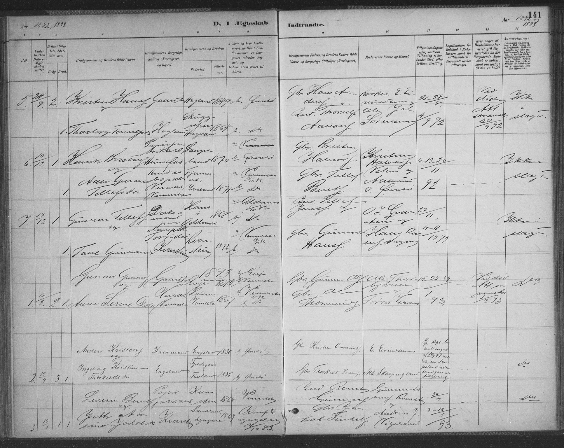 Vennesla sokneprestkontor, AV/SAK-1111-0045/Fa/Fac/L0009: Parish register (official) no. A 9, 1884-1901, p. 141