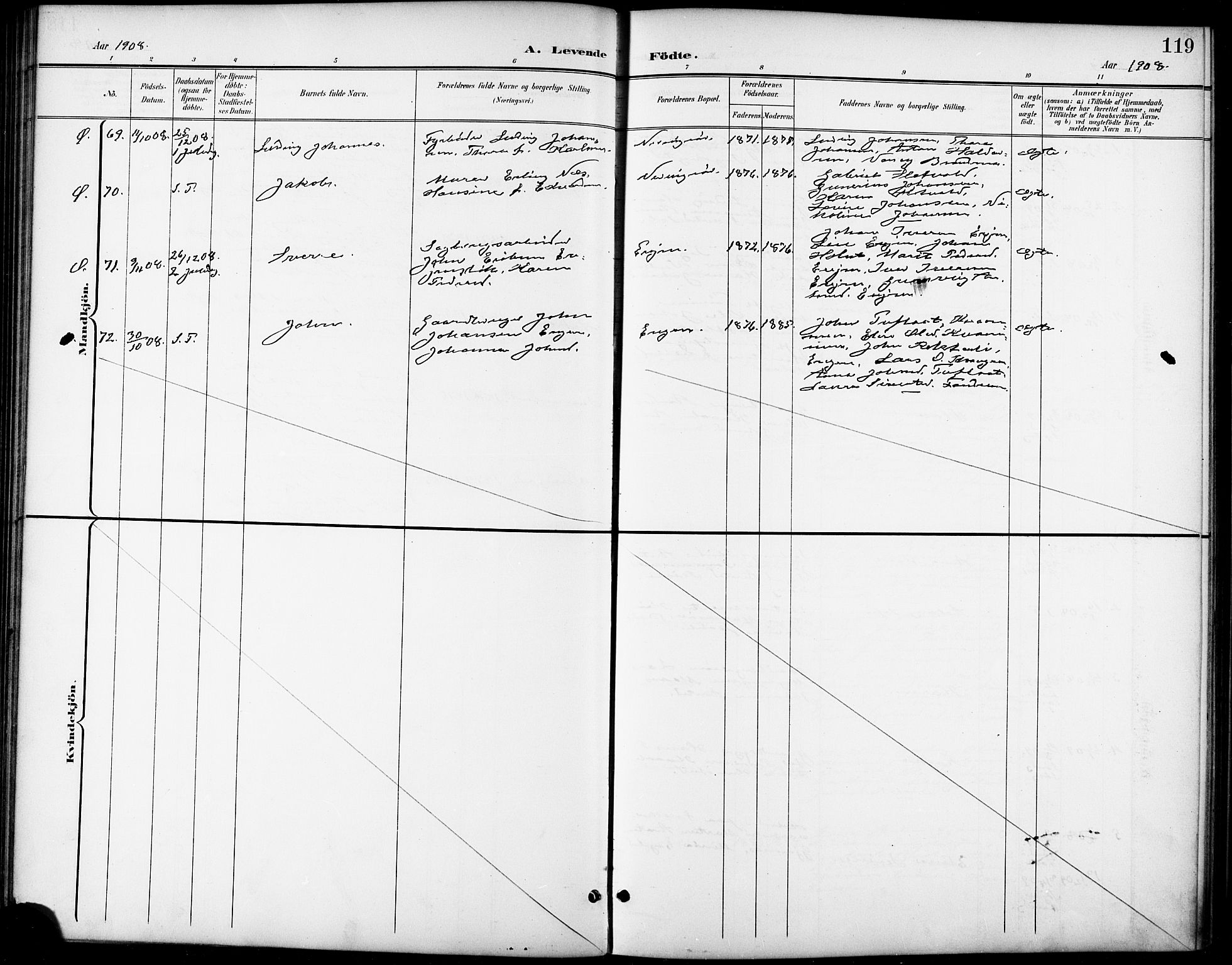Ministerialprotokoller, klokkerbøker og fødselsregistre - Sør-Trøndelag, SAT/A-1456/668/L0819: Parish register (copy) no. 668C08, 1899-1912, p. 119