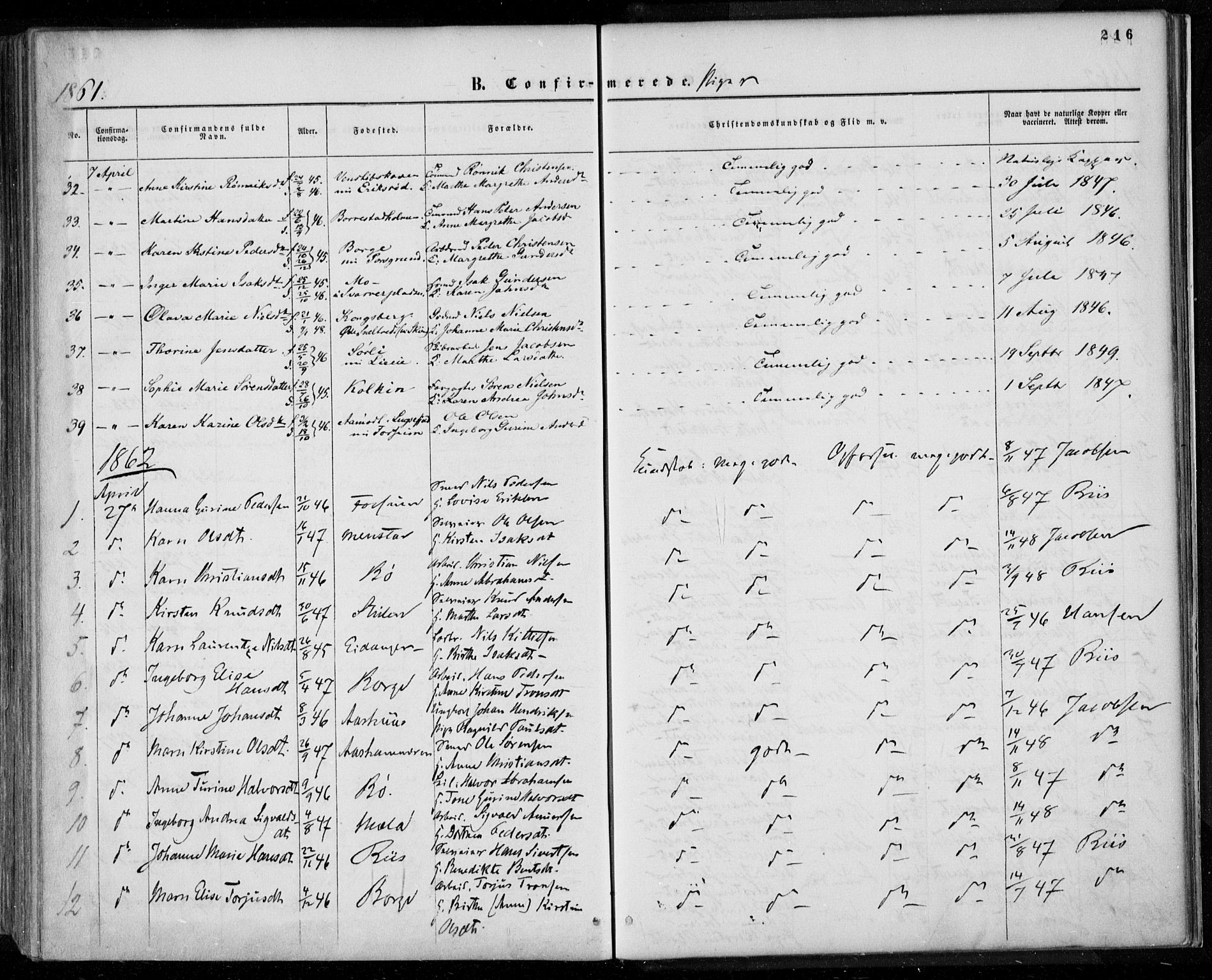 Gjerpen kirkebøker, SAKO/A-265/F/Fa/L0008a: Parish register (official) no. I 8A, 1857-1871, p. 216