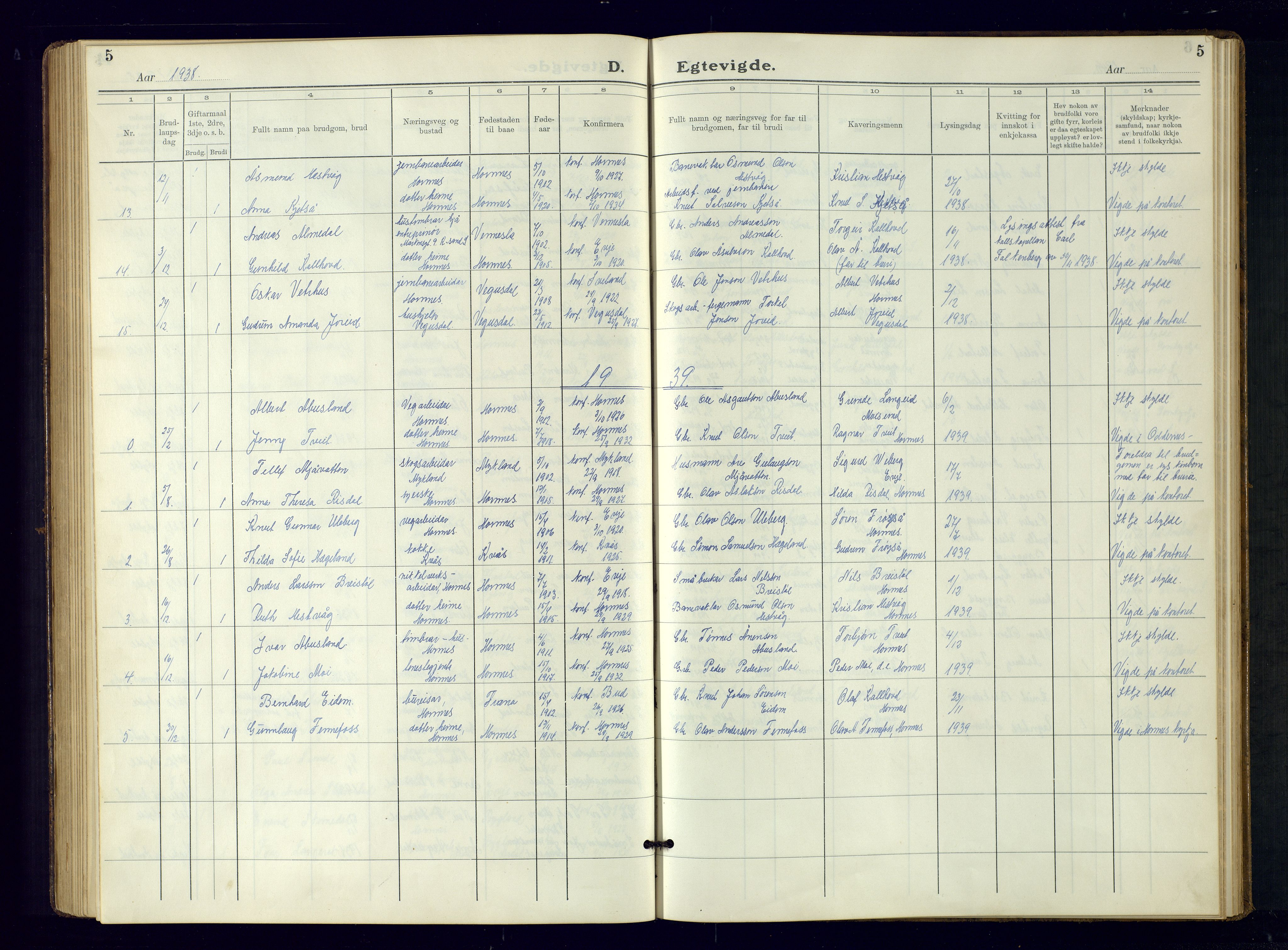 Evje sokneprestkontor, AV/SAK-1111-0008/F/Fb/Fbb/L0004: Parish register (copy) no. B-4, 1934-1970, p. 5