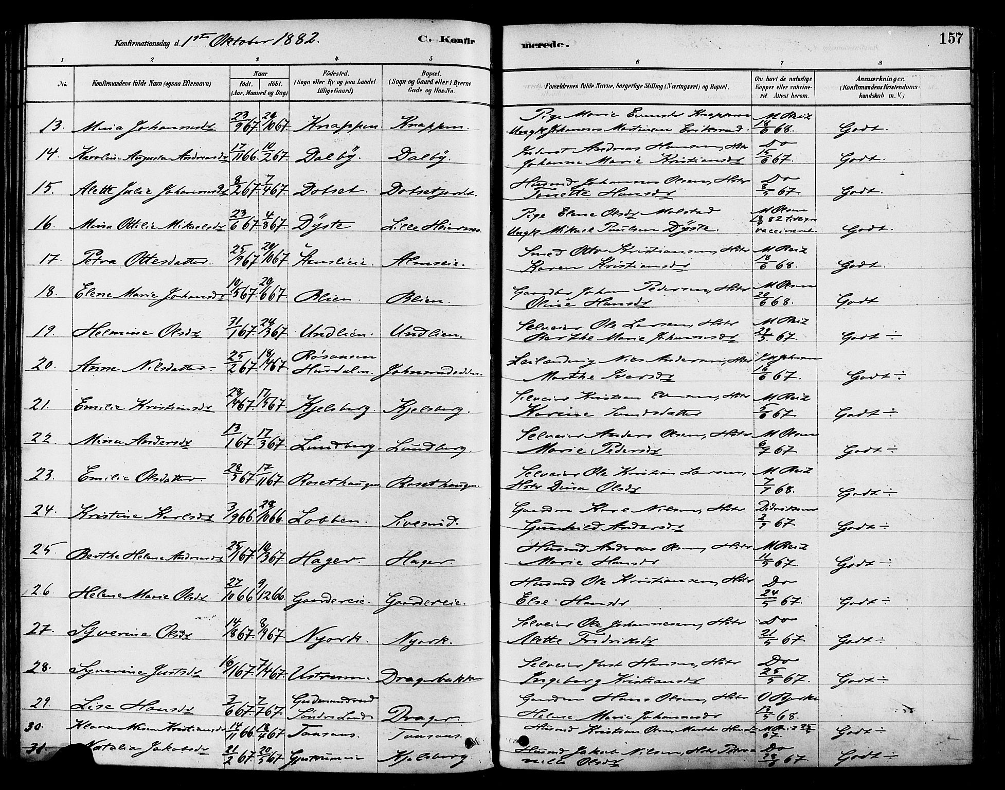 Vestre Toten prestekontor, SAH/PREST-108/H/Ha/Haa/L0009: Parish register (official) no. 9, 1878-1894, p. 157