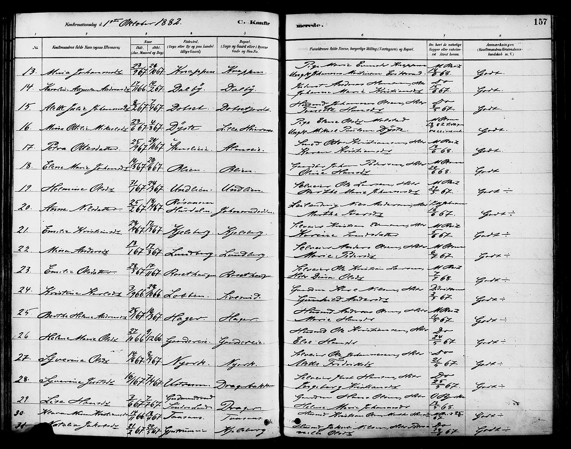 Vestre Toten prestekontor, AV/SAH-PREST-108/H/Ha/Haa/L0009: Parish register (official) no. 9, 1878-1894, p. 157