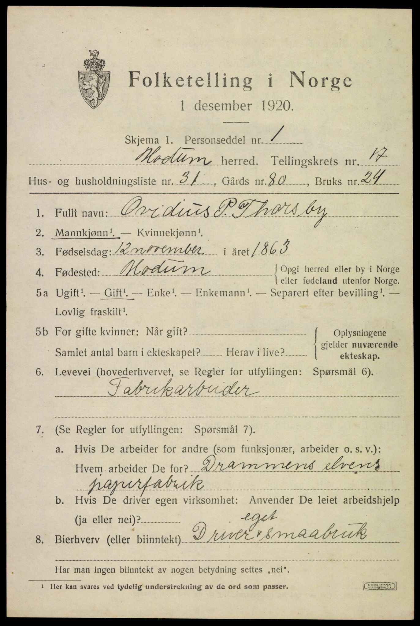 SAKO, 1920 census for Modum, 1920, p. 20595