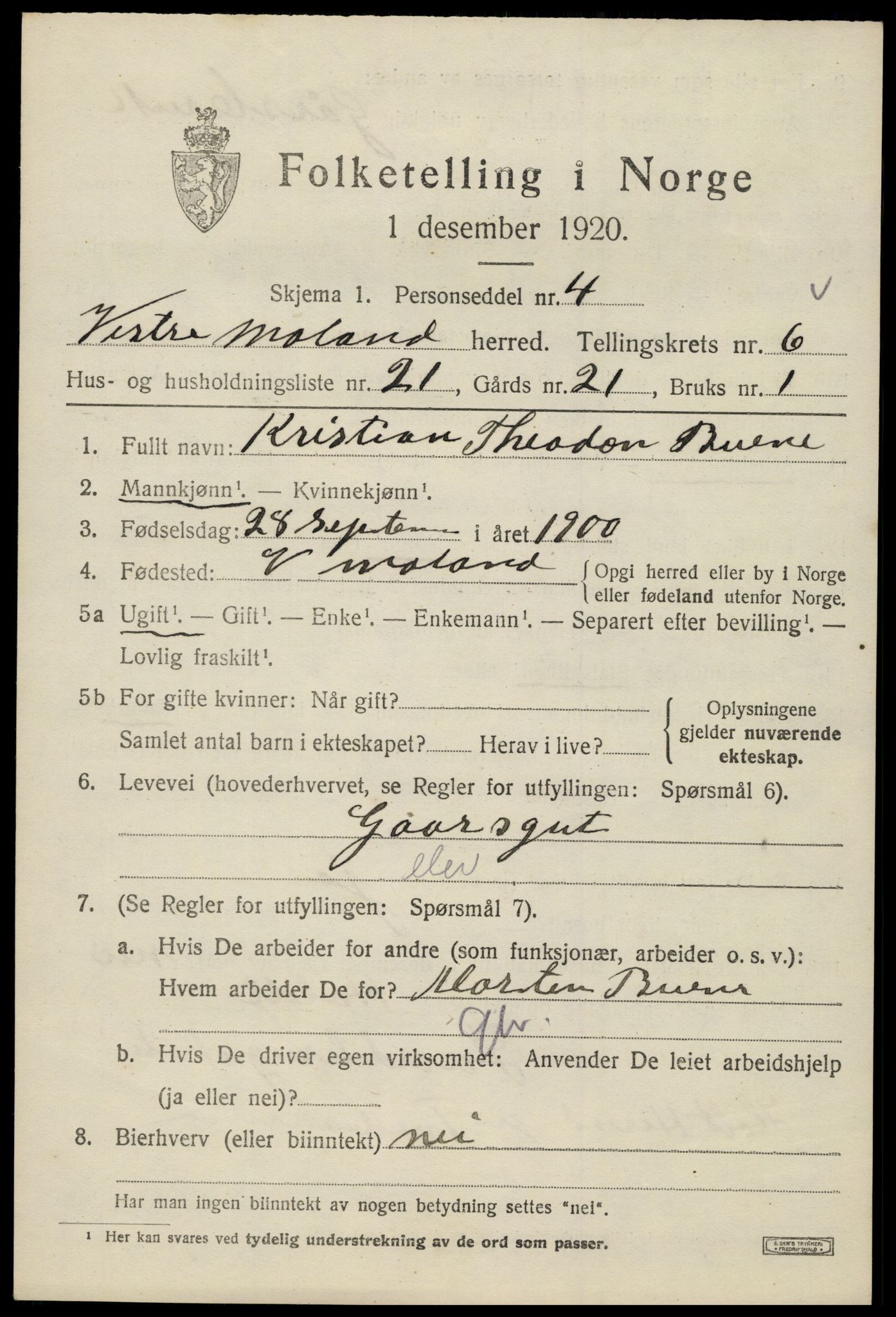 SAK, 1920 census for Vestre Moland, 1920, p. 4747