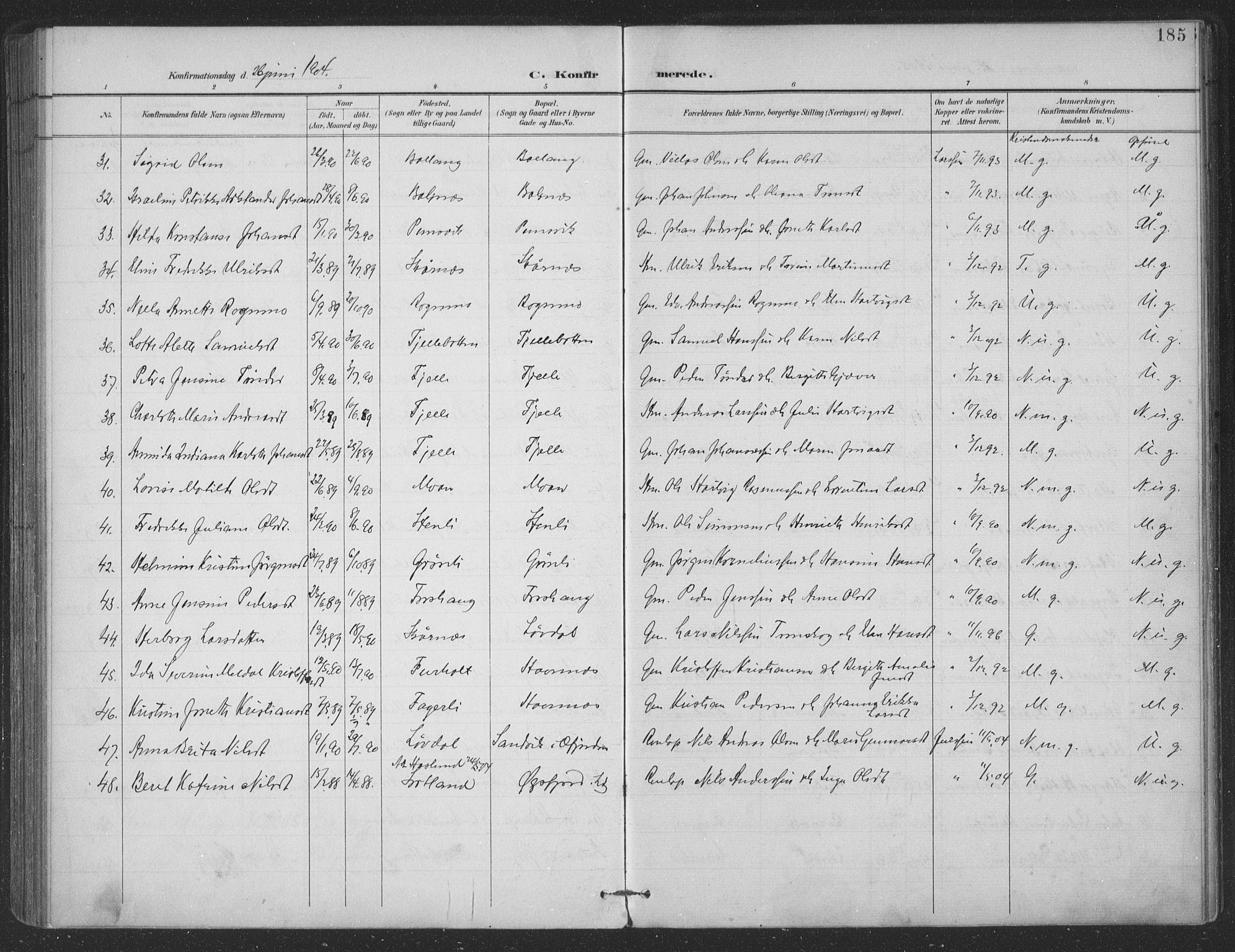 Ministerialprotokoller, klokkerbøker og fødselsregistre - Nordland, SAT/A-1459/863/L0899: Parish register (official) no. 863A11, 1897-1906, p. 185