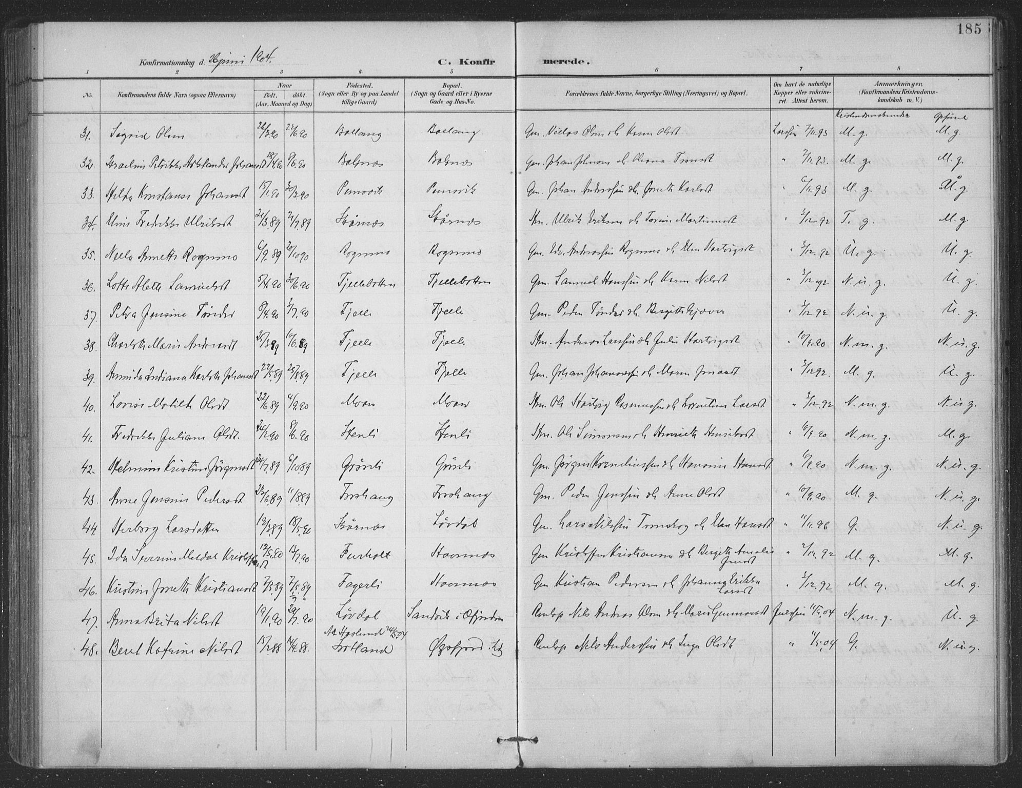 Ministerialprotokoller, klokkerbøker og fødselsregistre - Nordland, AV/SAT-A-1459/863/L0899: Parish register (official) no. 863A11, 1897-1906, p. 185