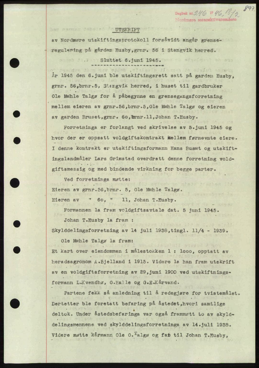 Nordmøre sorenskriveri, AV/SAT-A-4132/1/2/2Ca: Mortgage book no. A100b, 1946-1946, Diary no: : 246/1946