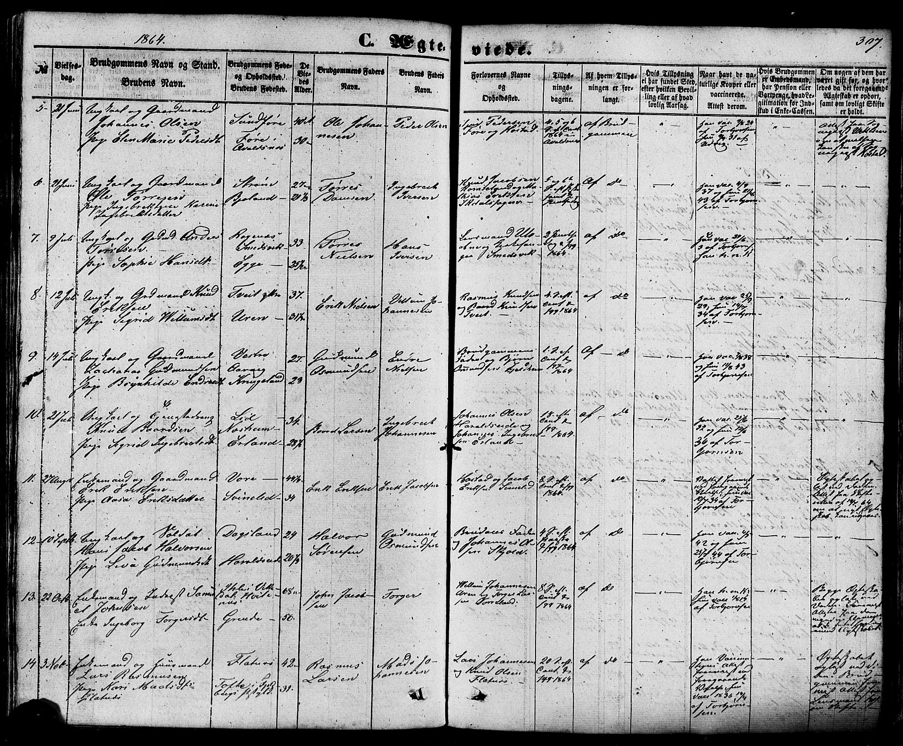 Skjold sokneprestkontor, AV/SAST-A-101847/H/Ha/Haa/L0008: Parish register (official) no. A 8, 1856-1882, p. 307