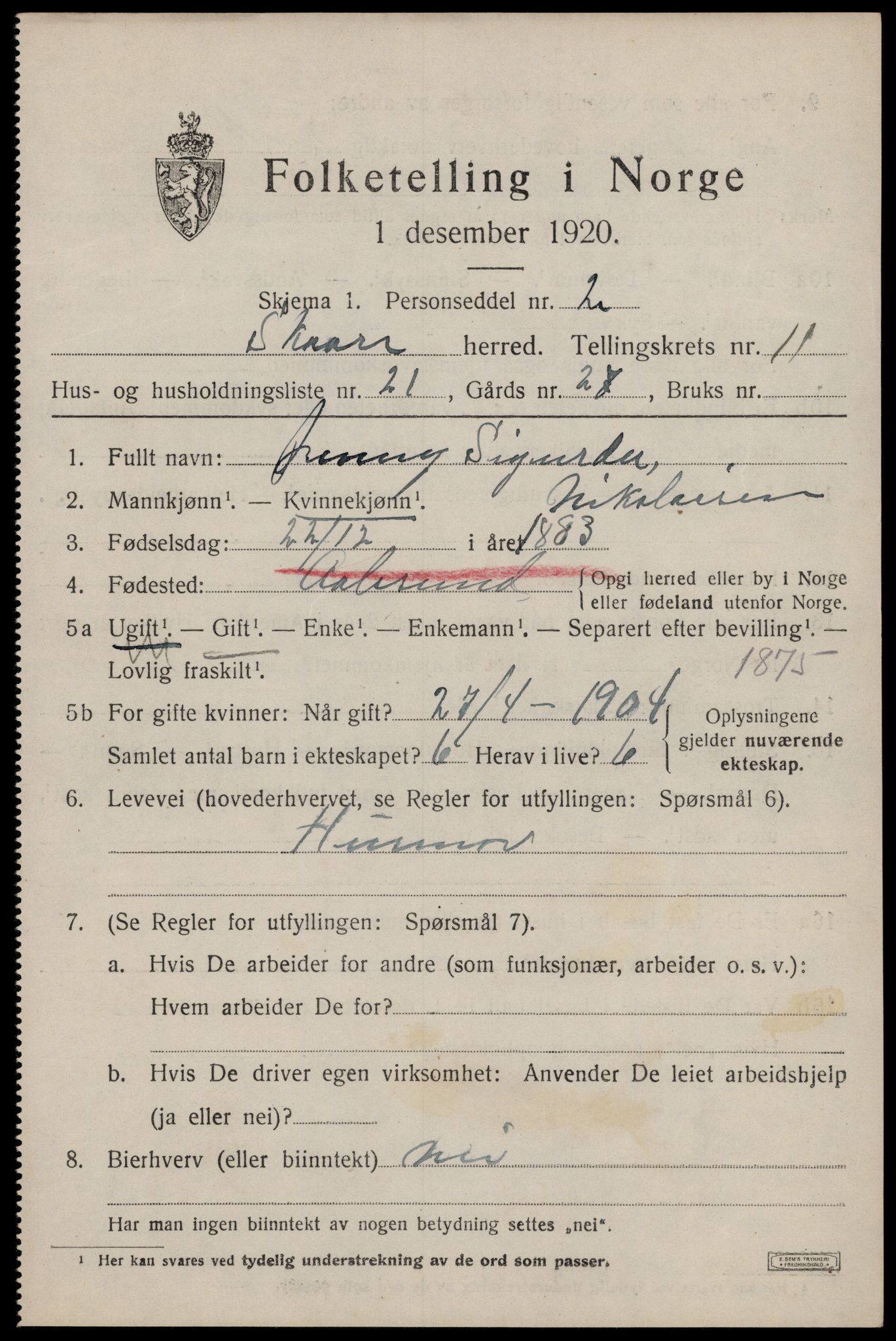 SAST, 1920 census for Skåre, 1920, p. 8466