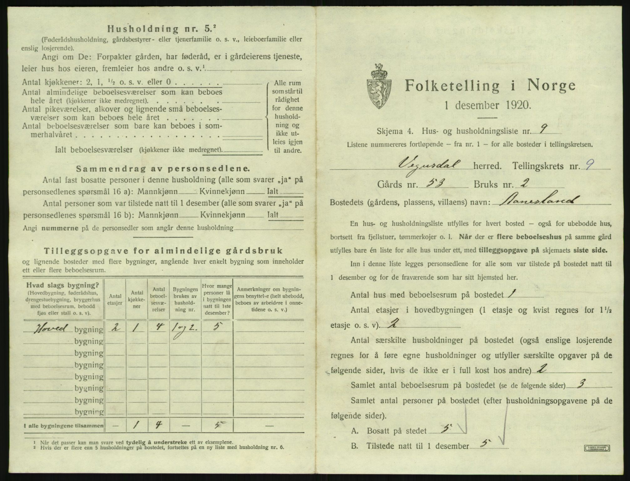 SAK, 1920 census for Vegusdal, 1920, p. 339