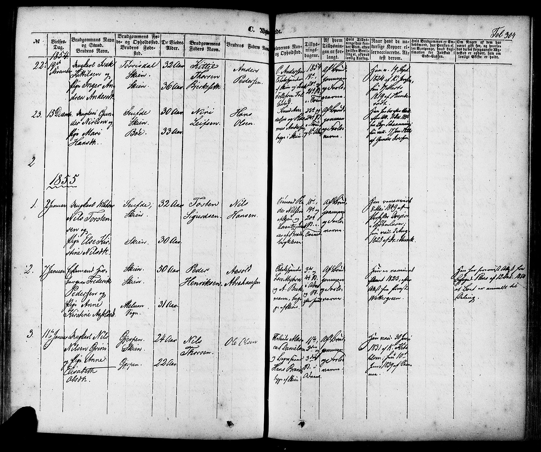 Skien kirkebøker, SAKO/A-302/F/Fa/L0006a: Parish register (official) no. 6A, 1843-1856, p. 304