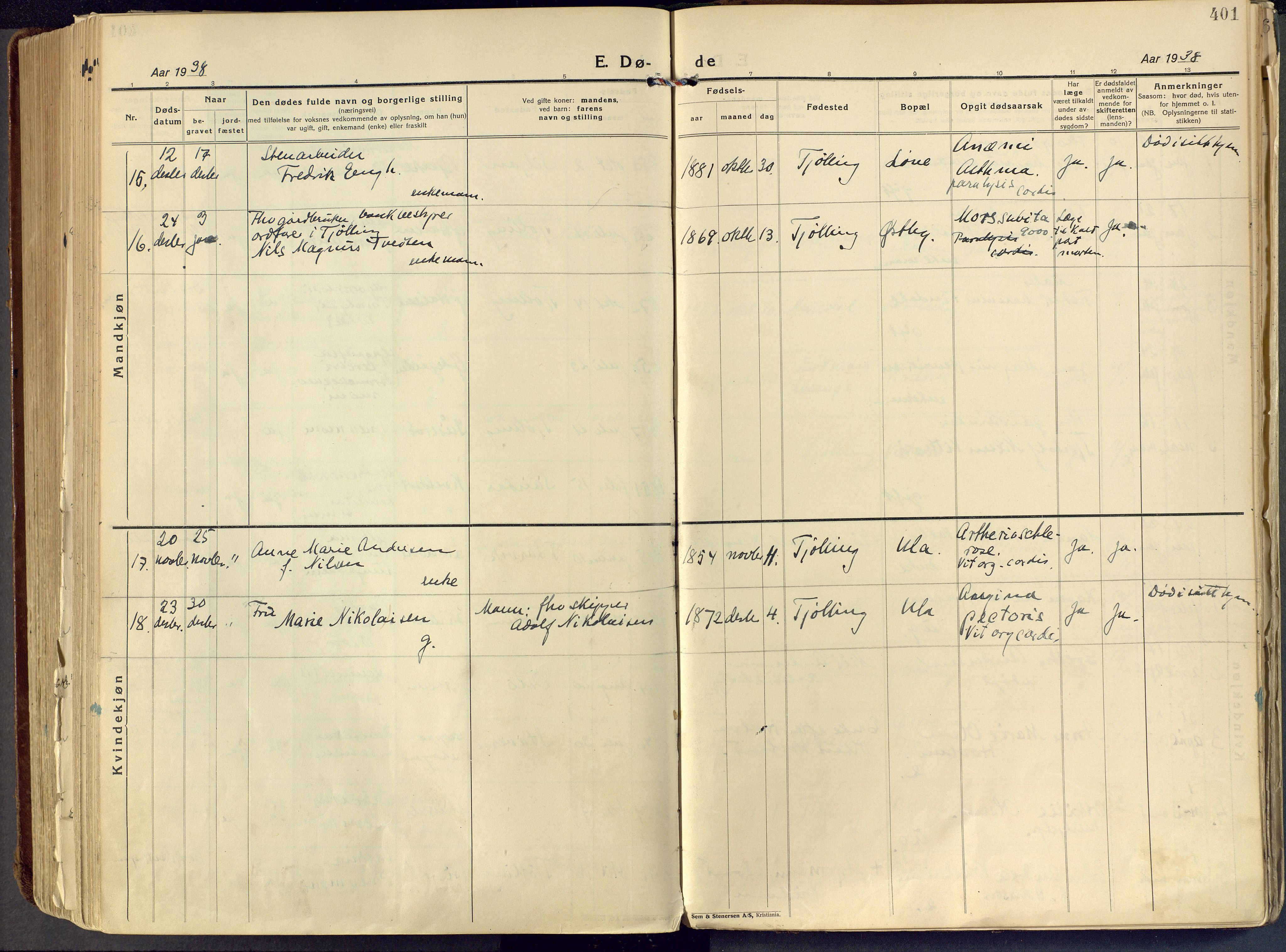 Tjølling kirkebøker, AV/SAKO-A-60/F/Fa/L0011: Parish register (official) no. 11, 1924-1943, p. 401