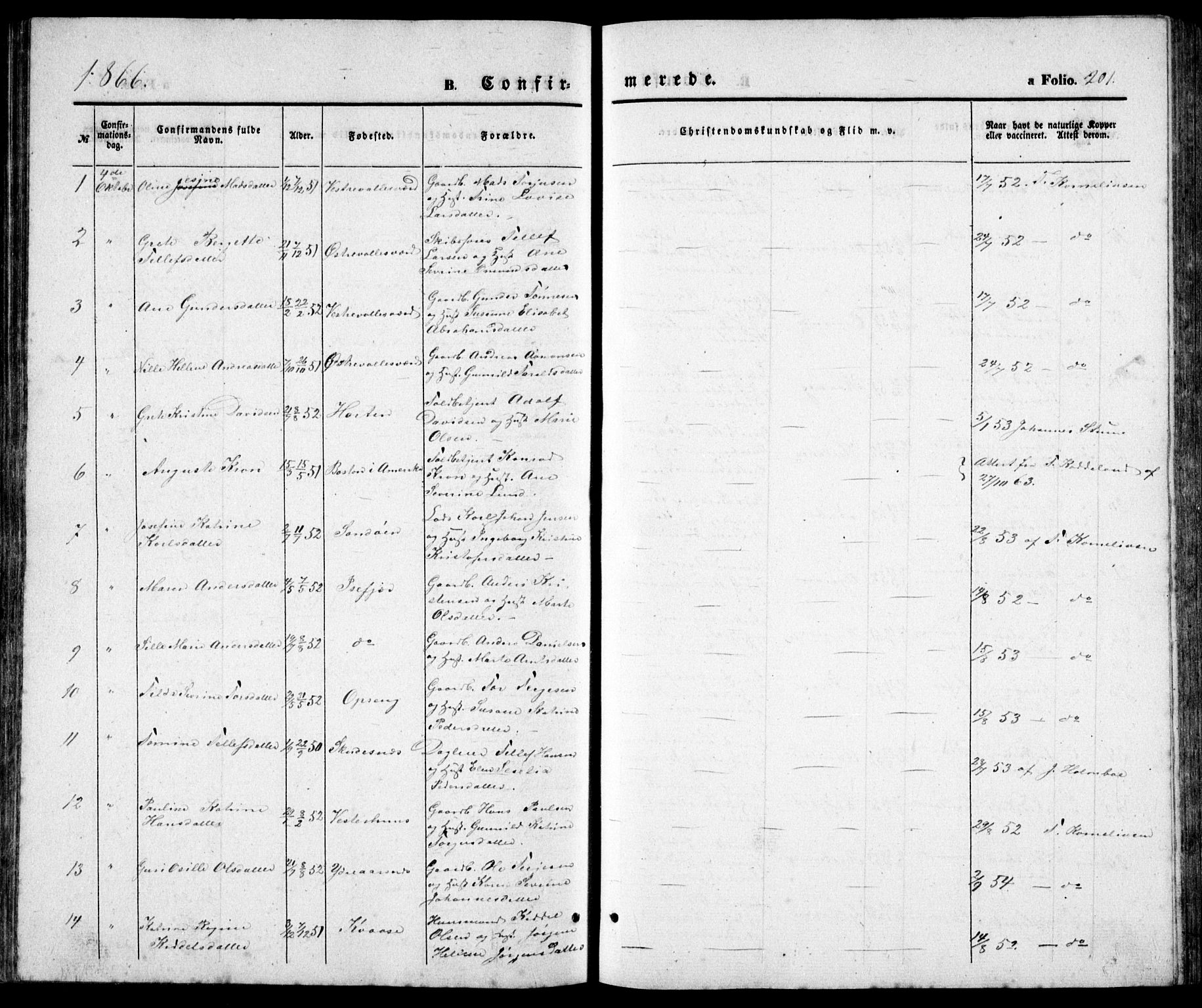Høvåg sokneprestkontor, SAK/1111-0025/F/Fb/L0002: Parish register (copy) no. B 2, 1847-1869, p. 201