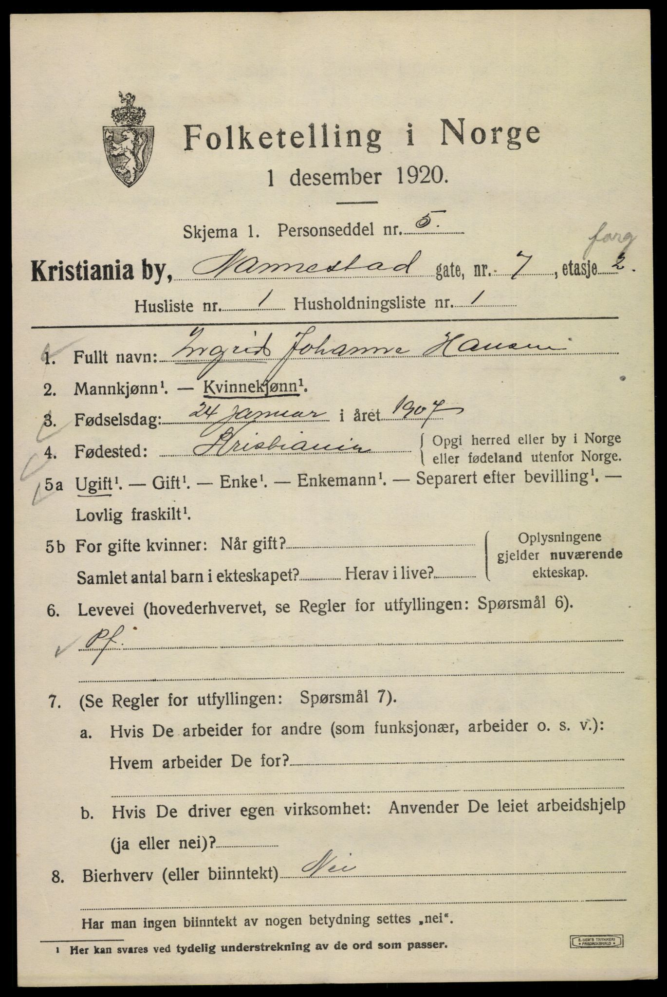 SAO, 1920 census for Kristiania, 1920, p. 409499