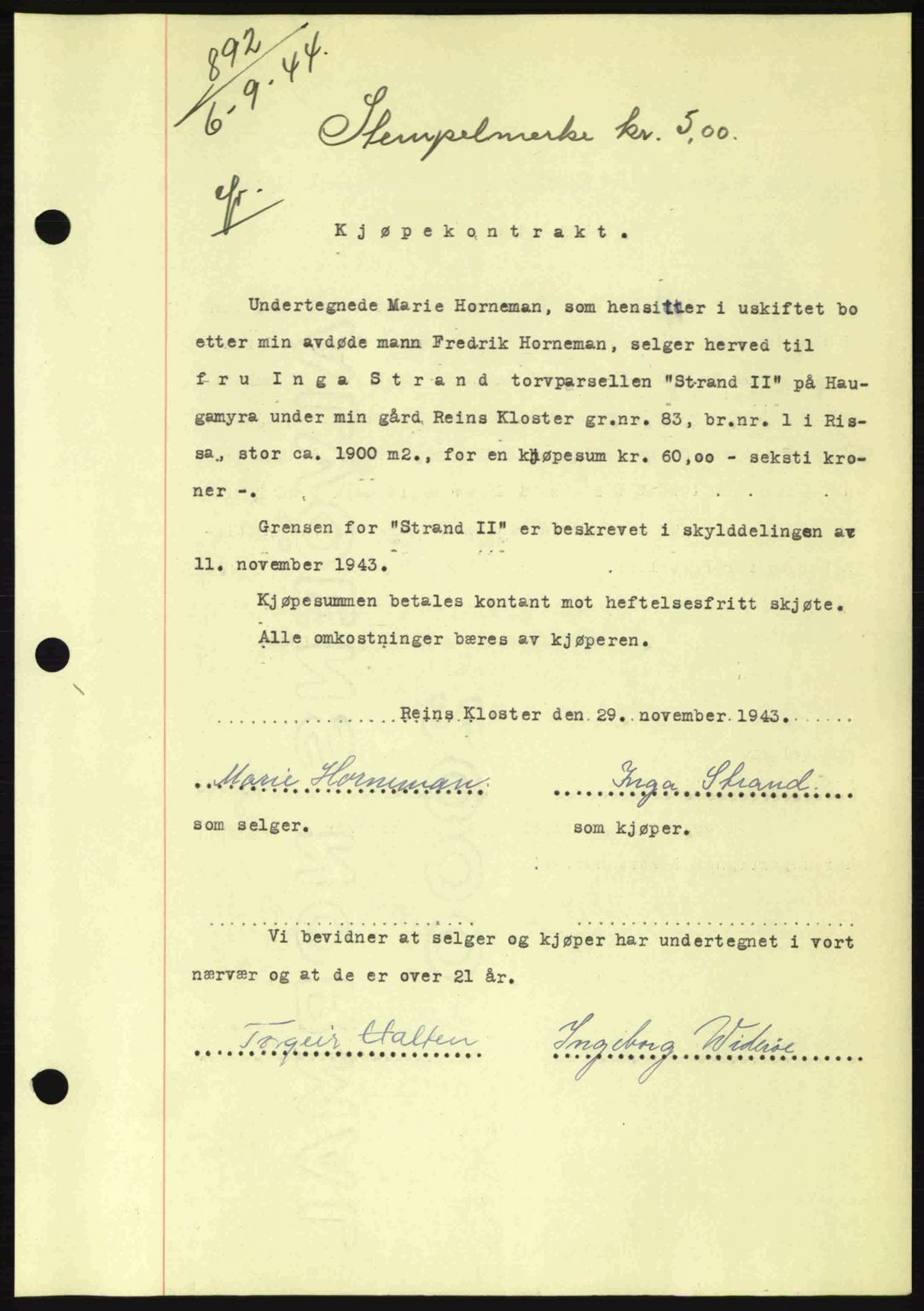 Fosen sorenskriveri, AV/SAT-A-1107/1/2/2C: Mortgage book no. A3, 1943-1945, Diary no: : 892/1944