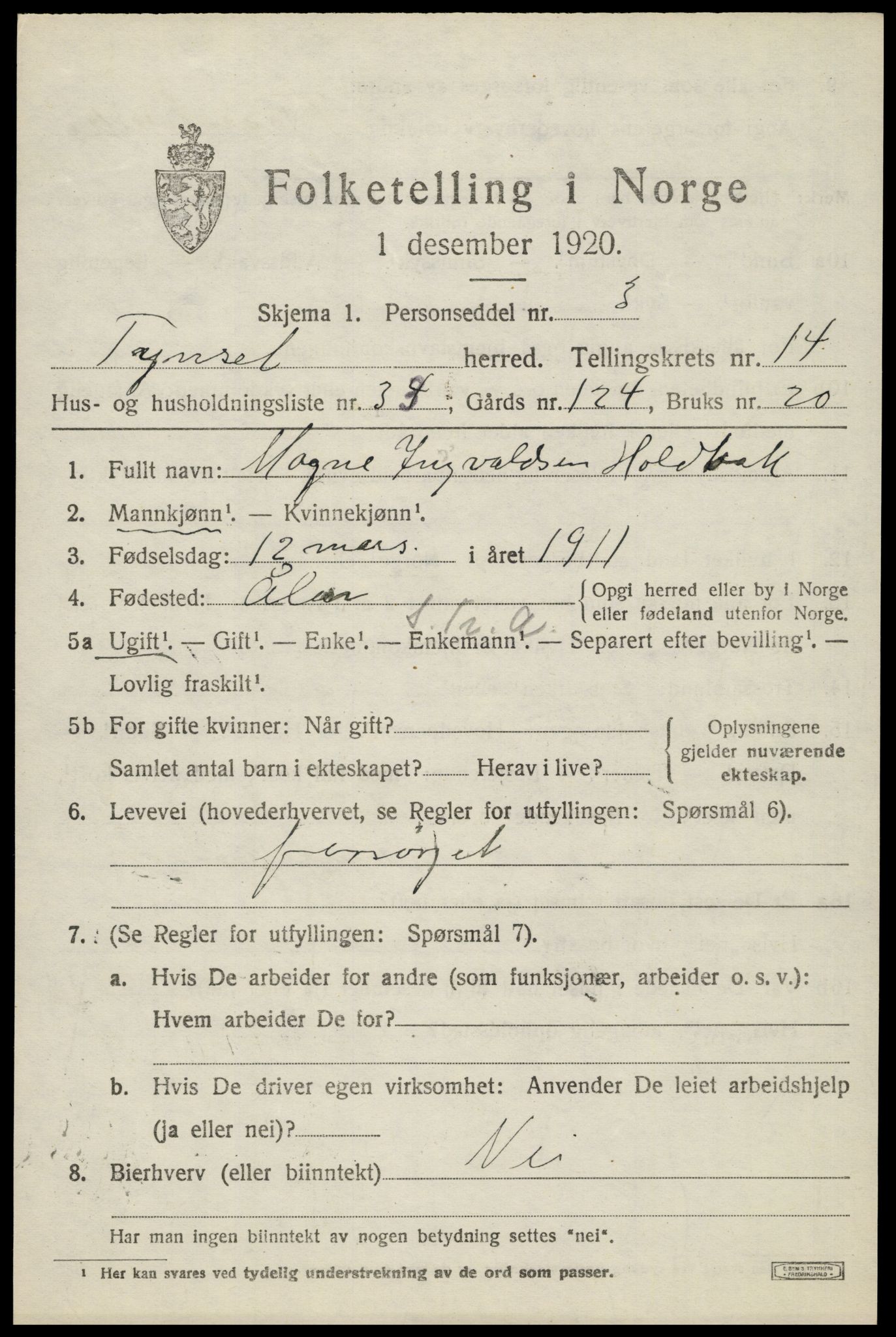 SAH, 1920 census for Tynset, 1920, p. 9202