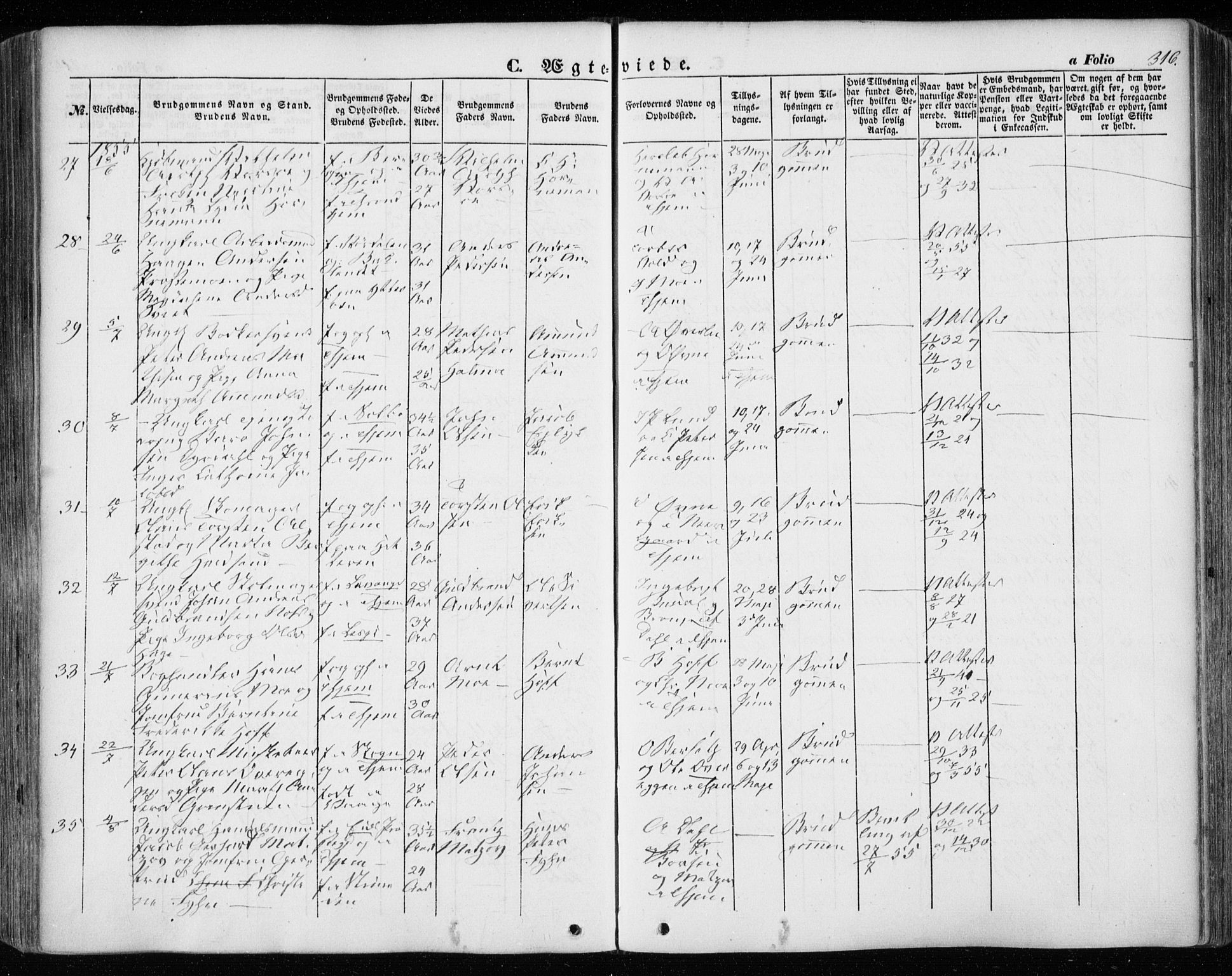 Ministerialprotokoller, klokkerbøker og fødselsregistre - Sør-Trøndelag, SAT/A-1456/601/L0051: Parish register (official) no. 601A19, 1848-1857, p. 316