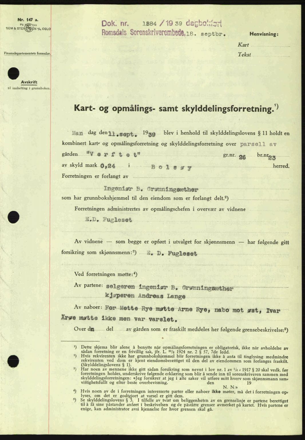 Romsdal sorenskriveri, AV/SAT-A-4149/1/2/2C: Mortgage book no. A7, 1939-1939, Diary no: : 1884/1939