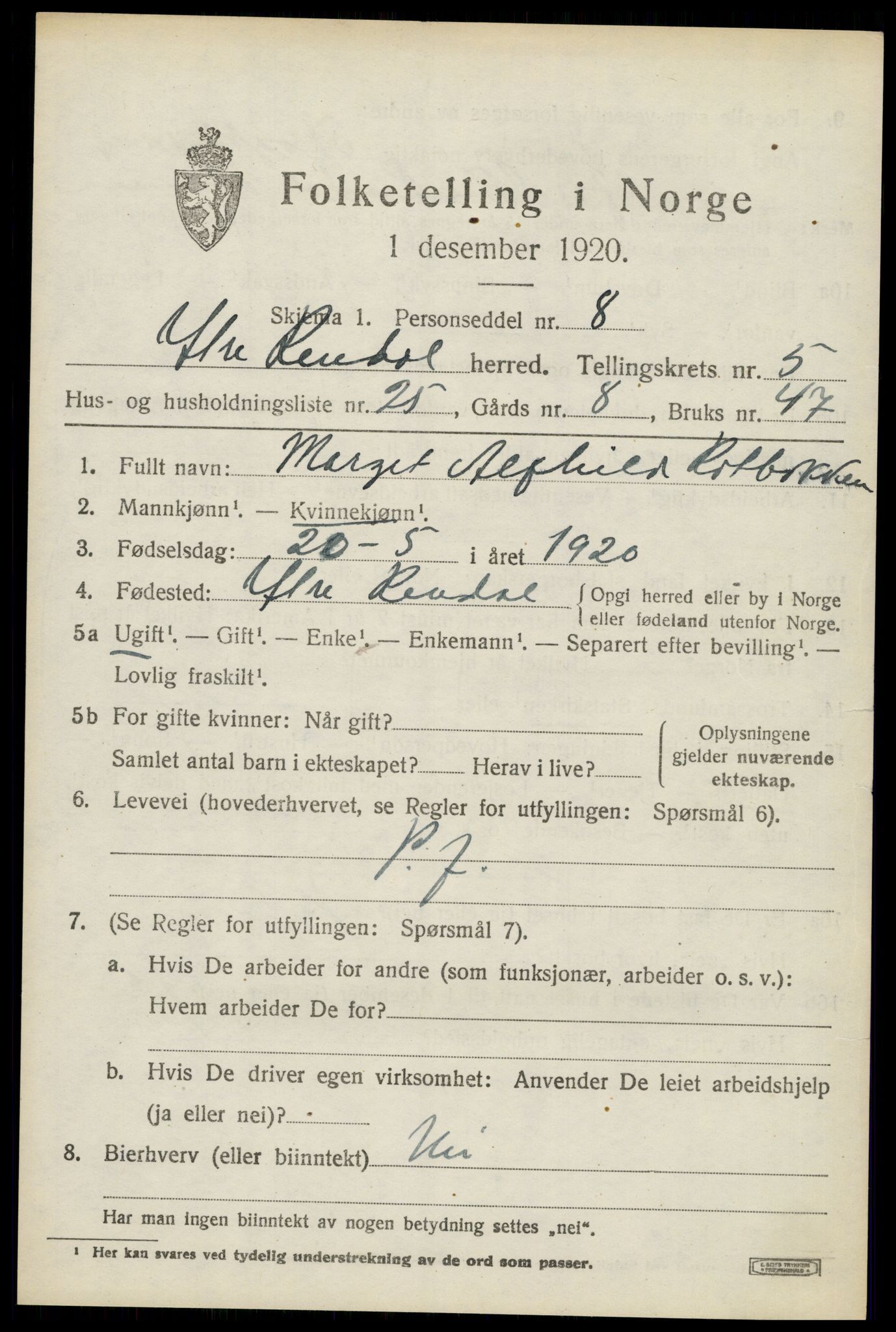 SAH, 1920 census for Ytre Rendal, 1920, p. 2935
