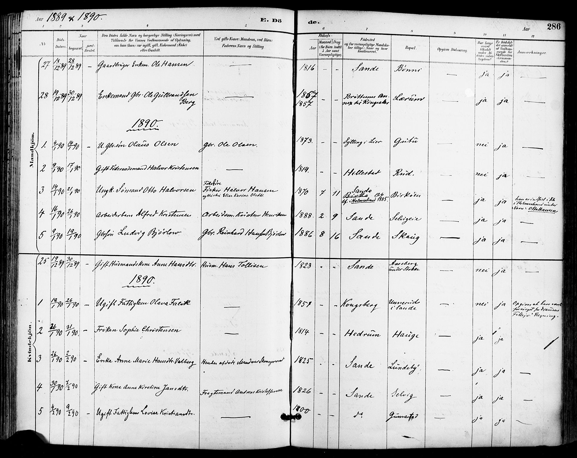 Sande Kirkebøker, SAKO/A-53/F/Fa/L0007: Parish register (official) no. 7, 1888-1903, p. 286