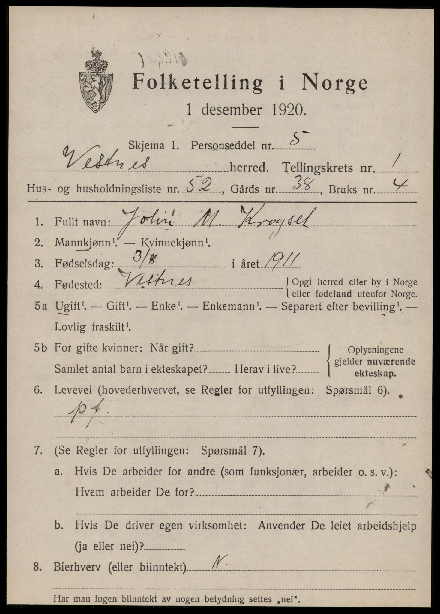 SAT, 1920 census for Vestnes, 1920, p. 1841