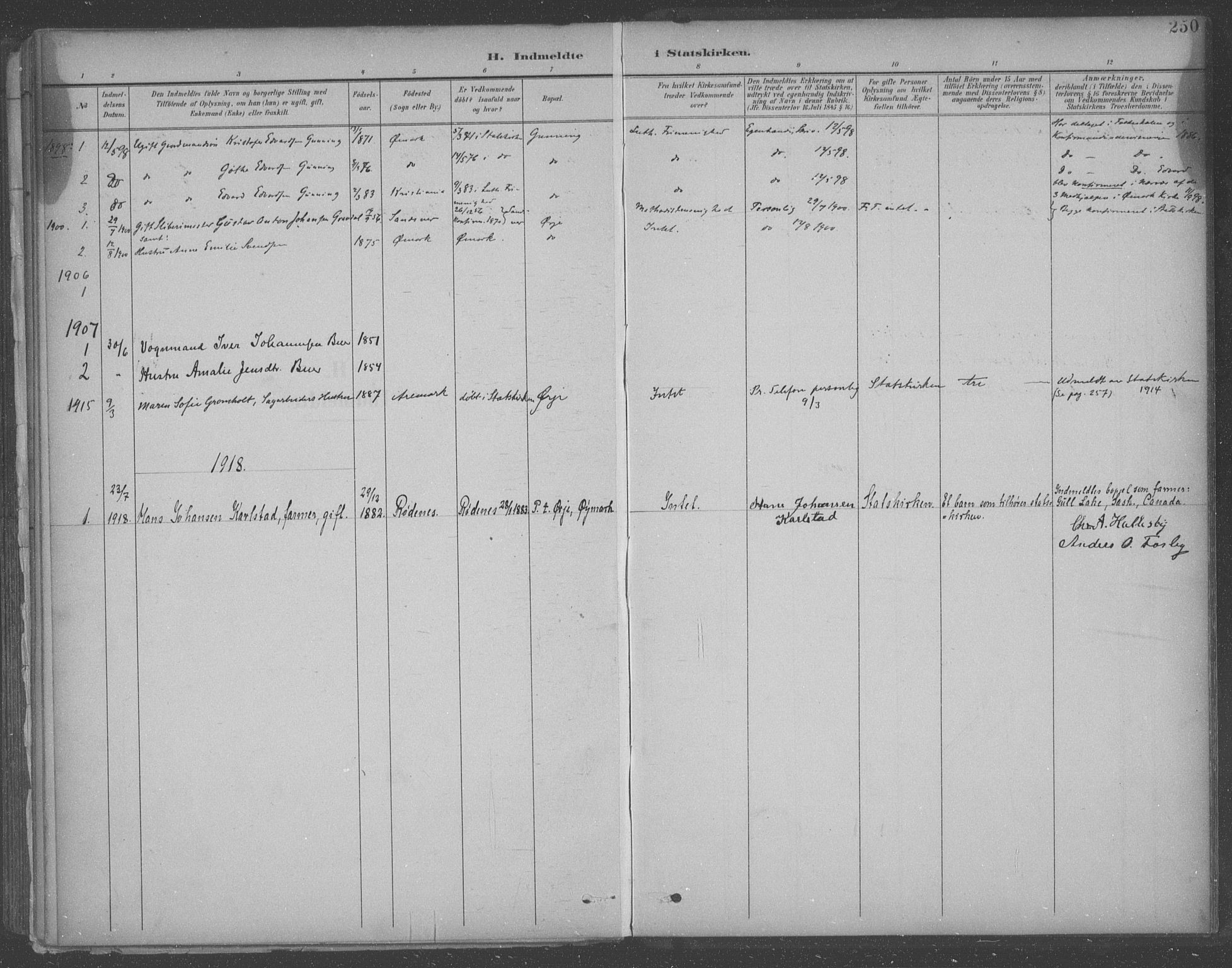 Aremark prestekontor Kirkebøker, SAO/A-10899/F/Fb/L0005: Parish register (official) no. II 5, 1895-1919, p. 250