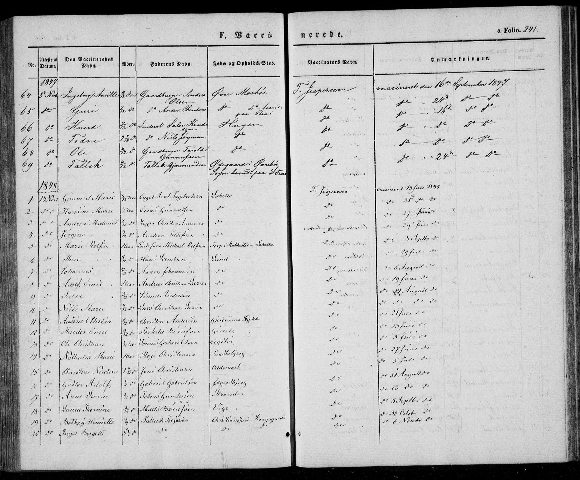 Oddernes sokneprestkontor, SAK/1111-0033/F/Fa/Faa/L0006: Parish register (official) no. A 6, 1838-1851, p. 241