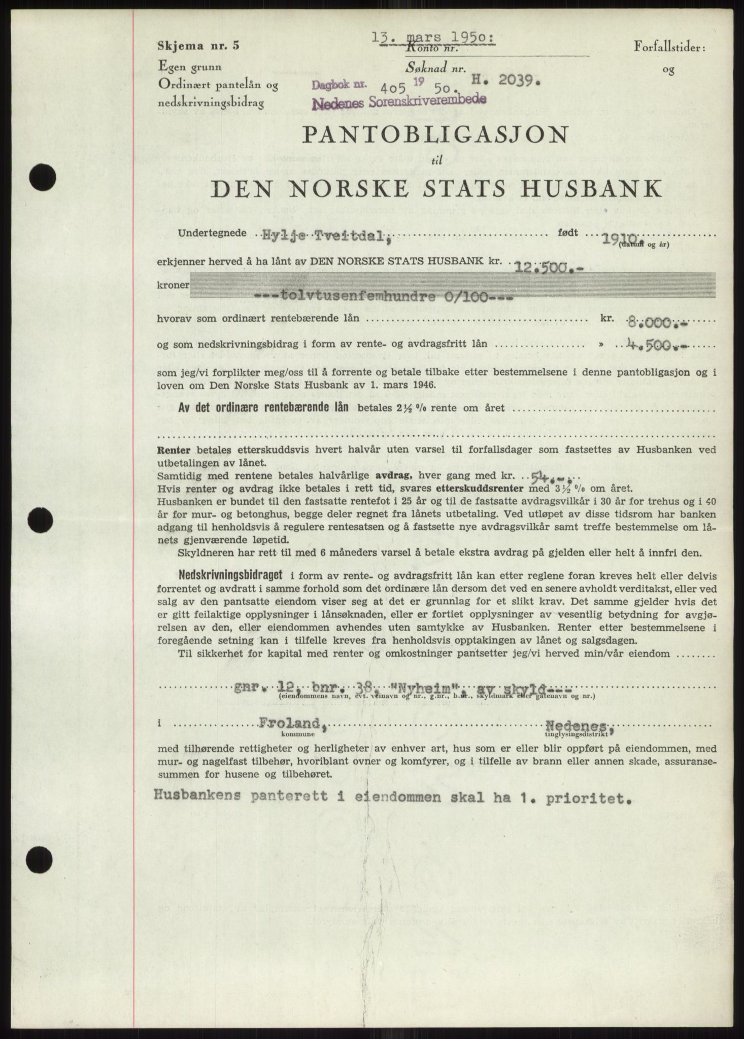 Nedenes sorenskriveri, AV/SAK-1221-0006/G/Gb/Gbb/L0007: Mortgage book no. B7, 1949-1950, Diary no: : 405/1950