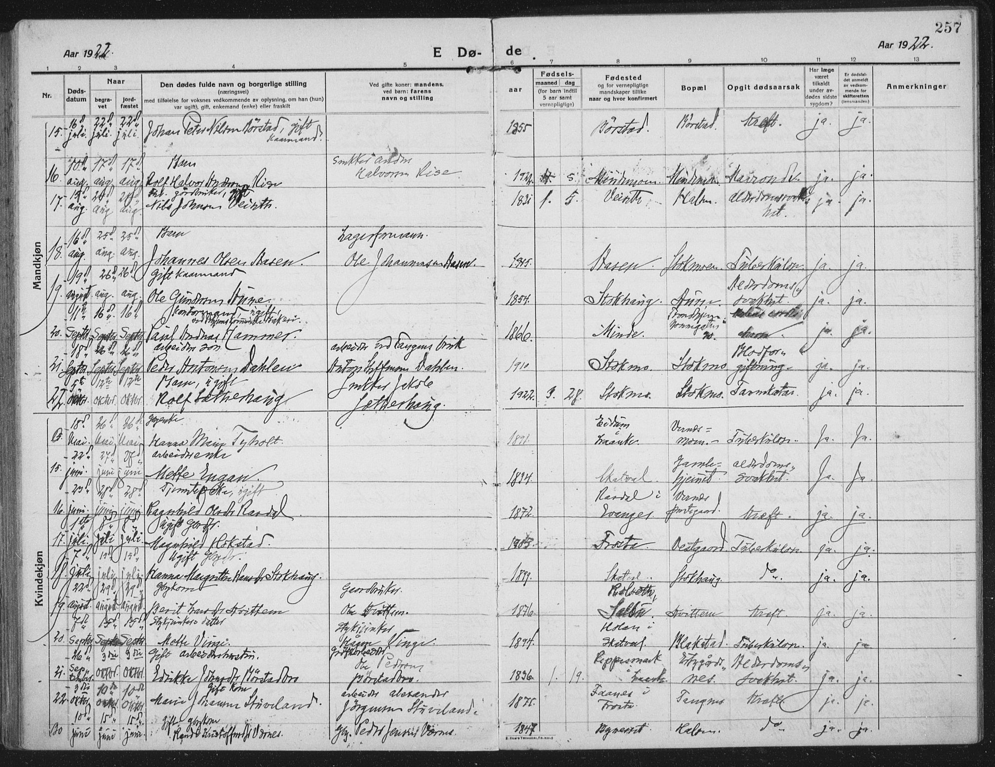 Ministerialprotokoller, klokkerbøker og fødselsregistre - Nord-Trøndelag, AV/SAT-A-1458/709/L0083: Parish register (official) no. 709A23, 1916-1928, p. 257