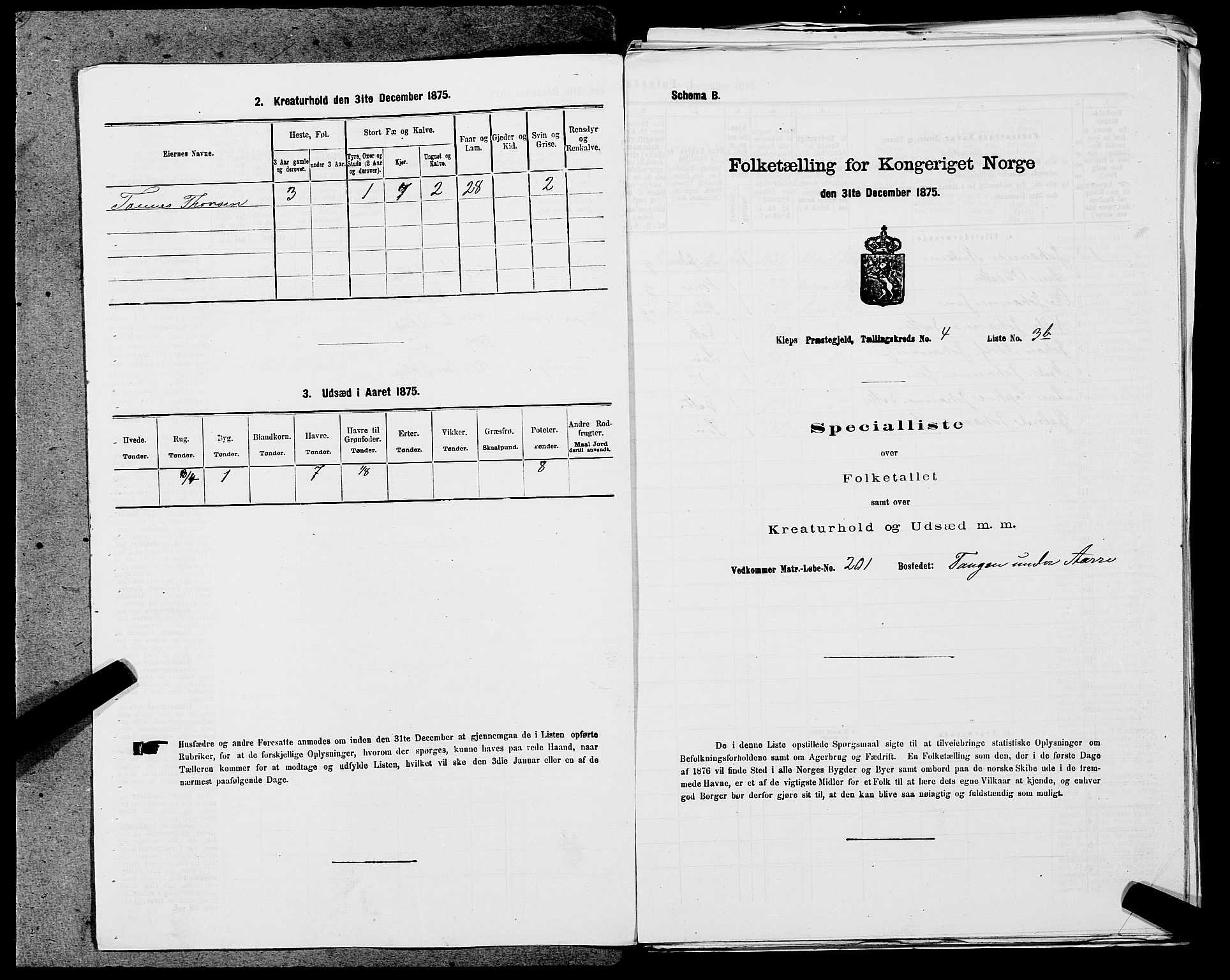 SAST, 1875 census for 1120P Klepp, 1875, p. 729