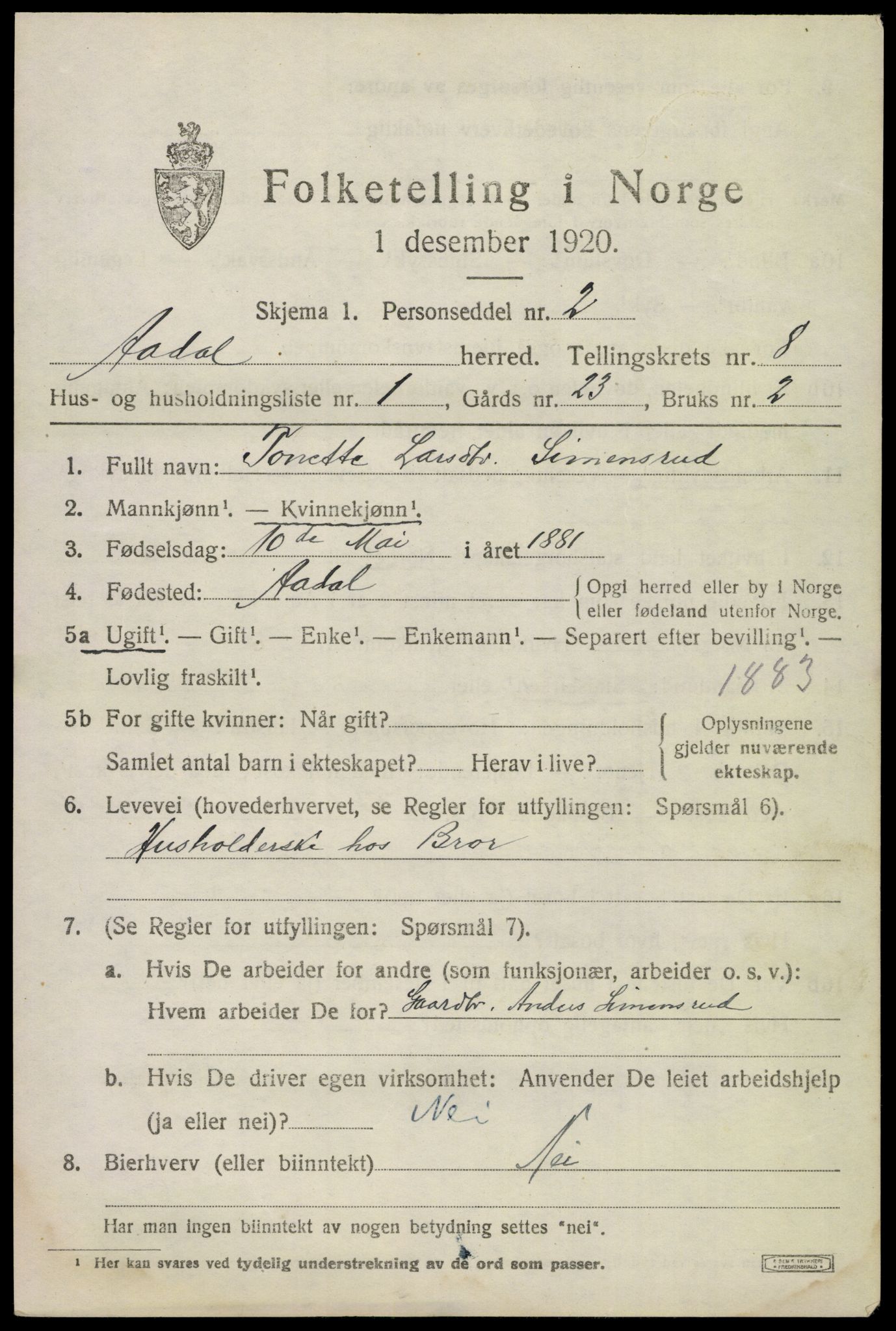 SAKO, 1920 census for Ådal, 1920, p. 5336