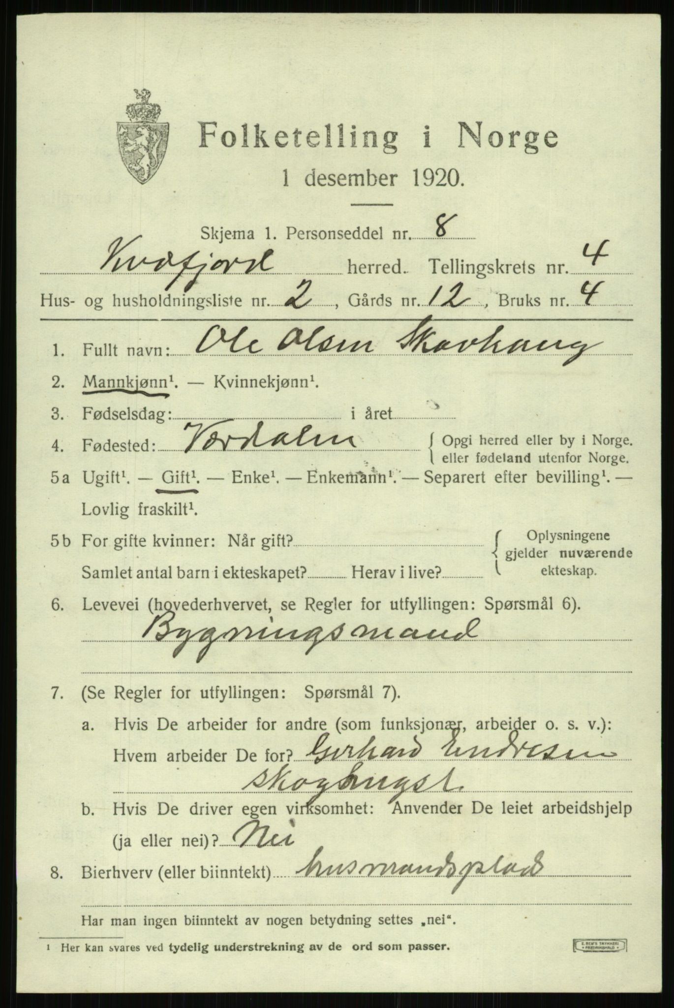 SATØ, 1920 census for Kvæfjord, 1920, p. 2157