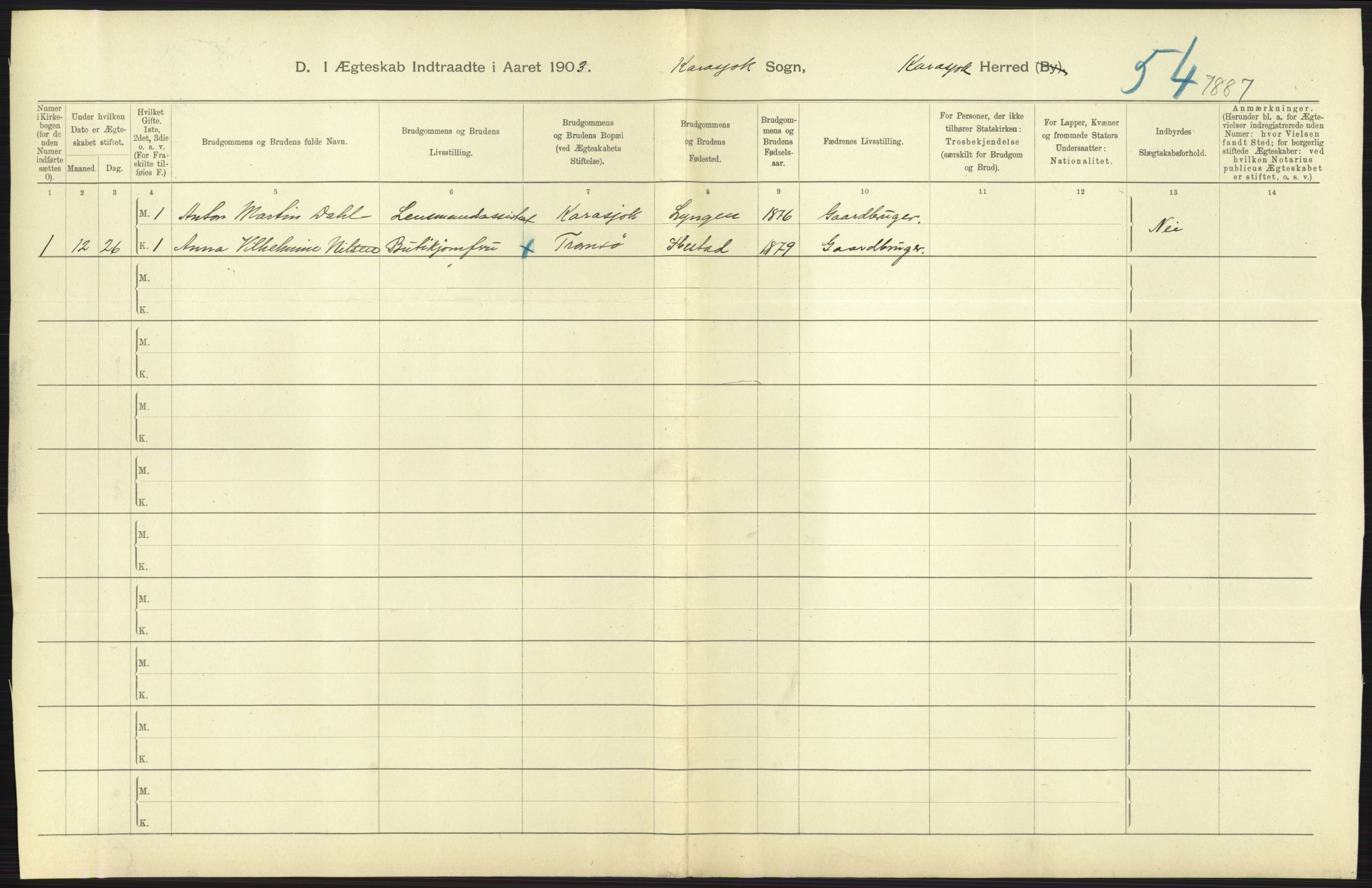 Statistisk sentralbyrå, Sosiodemografiske emner, Befolkning, AV/RA-S-2228/D/Df/Dfa/Dfaa/L0022: Finnmarkens amt: Fødte, gifte, døde., 1903, p. 177