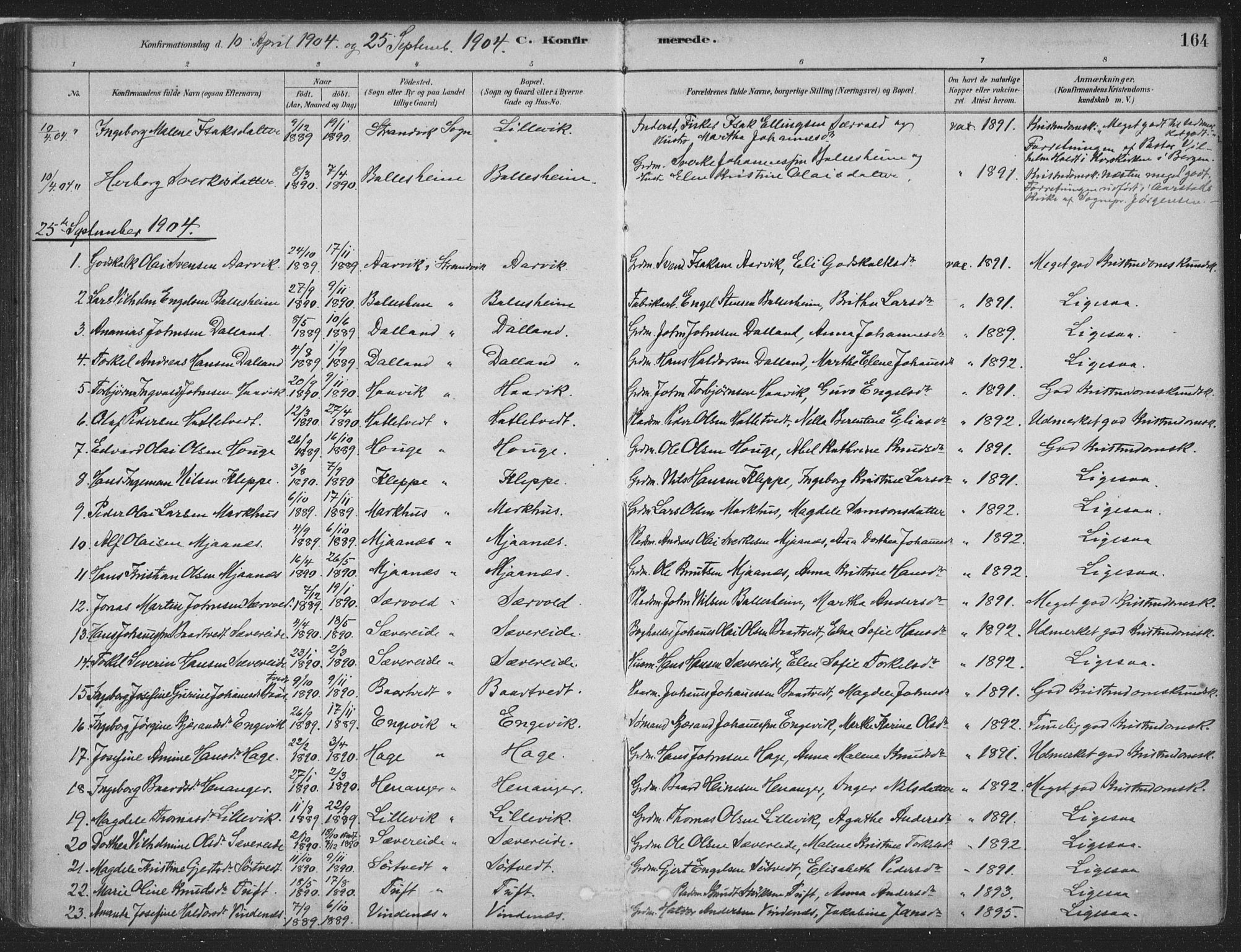 Fusa sokneprestembete, SAB/A-75401/H/Haa: Parish register (official) no. D 1, 1880-1938, p. 164