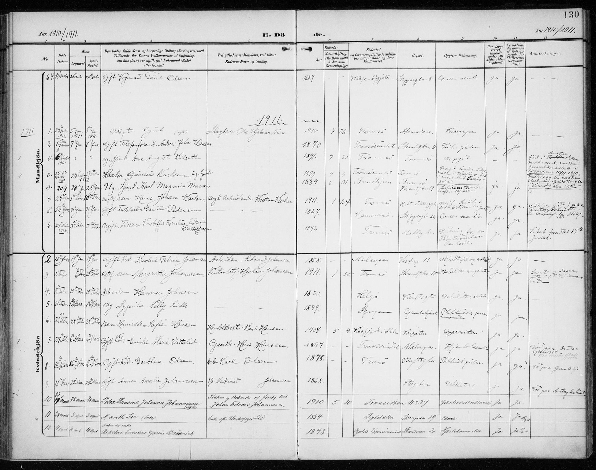 Tromsø sokneprestkontor/stiftsprosti/domprosti, AV/SATØ-S-1343/G/Ga/L0018kirke: Parish register (official) no. 18, 1907-1917, p. 130