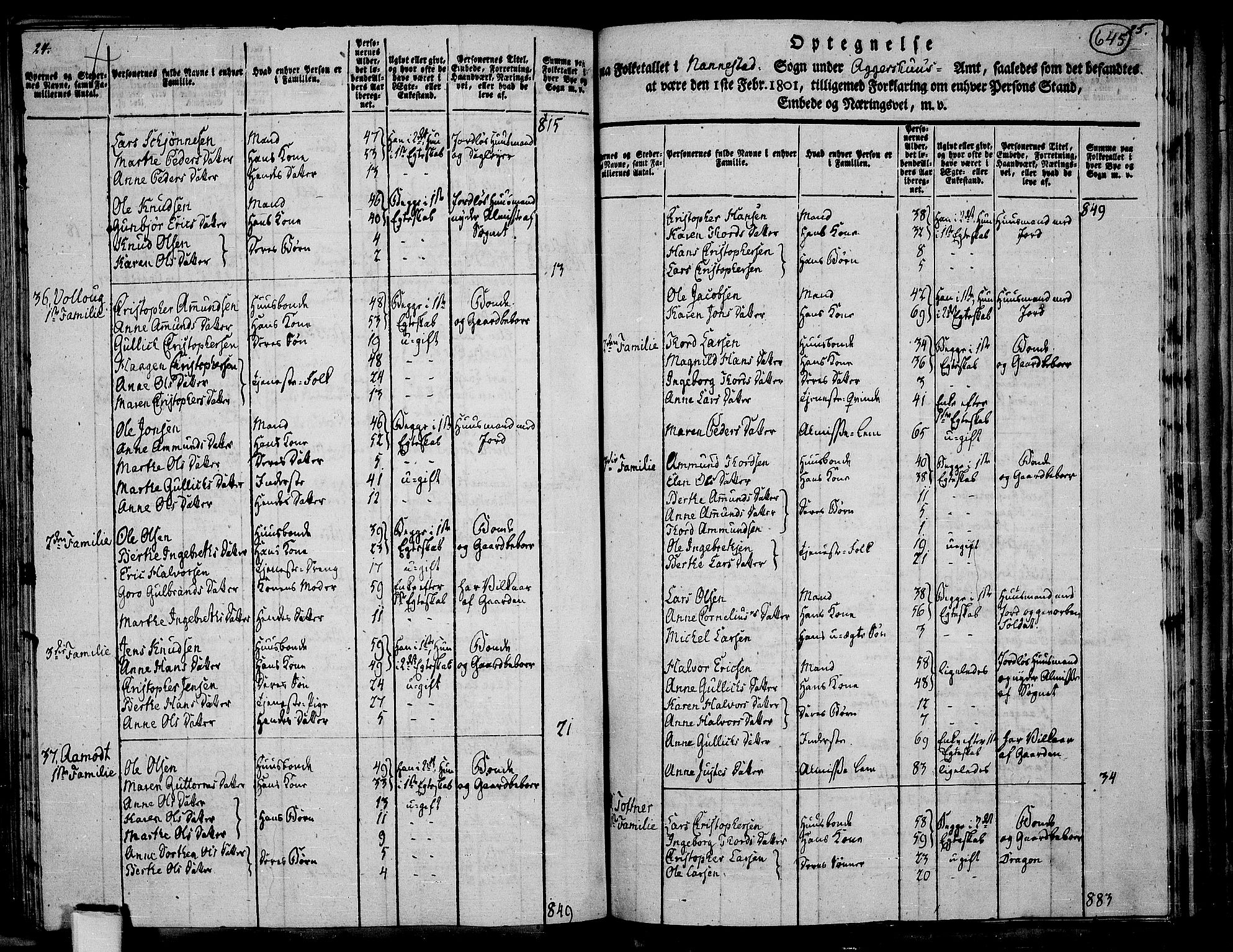 RA, 1801 census for 0238P Nannestad, 1801, p. 644b-645a