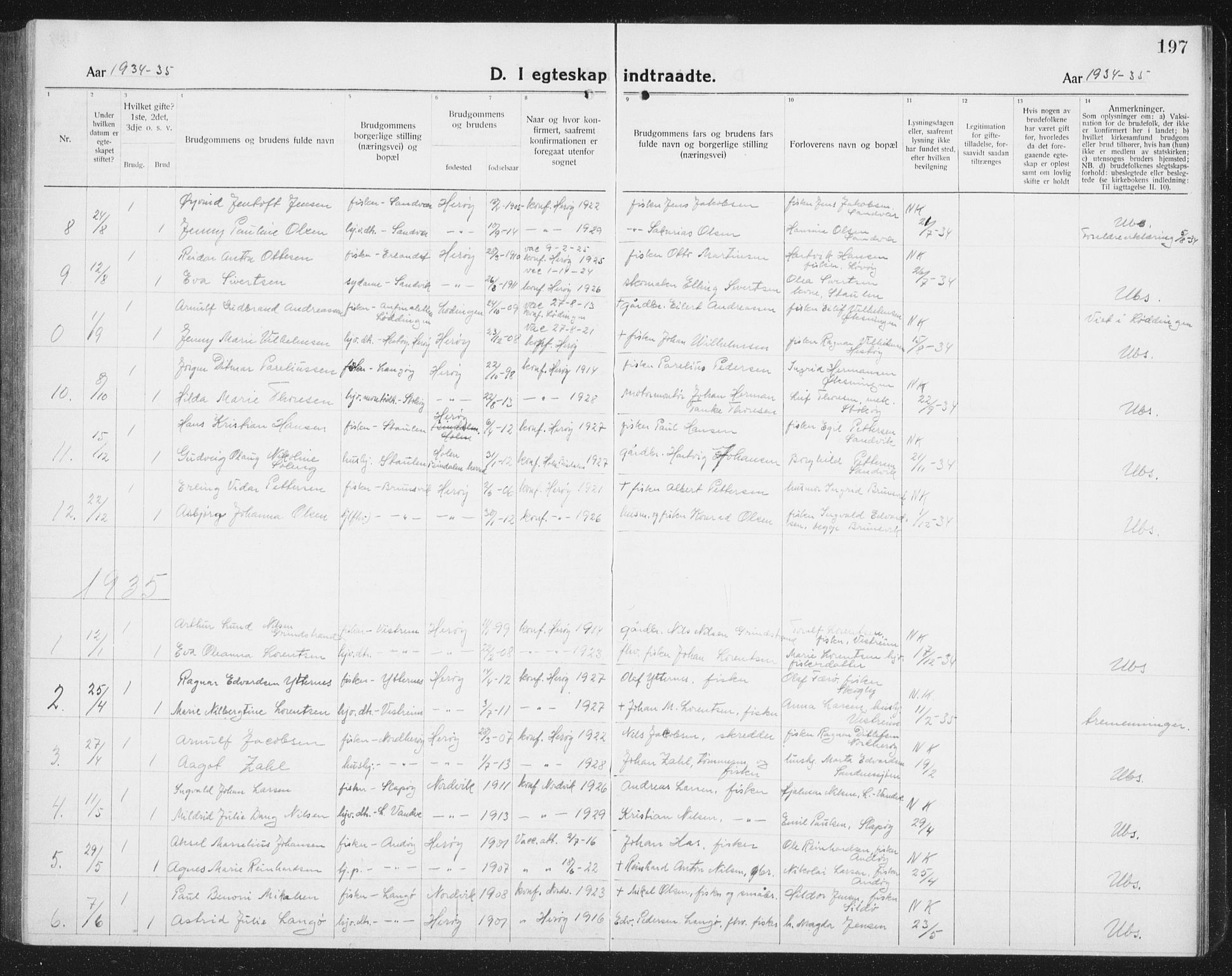 Ministerialprotokoller, klokkerbøker og fødselsregistre - Nordland, SAT/A-1459/834/L0517: Parish register (copy) no. 834C07, 1919-1939, p. 197