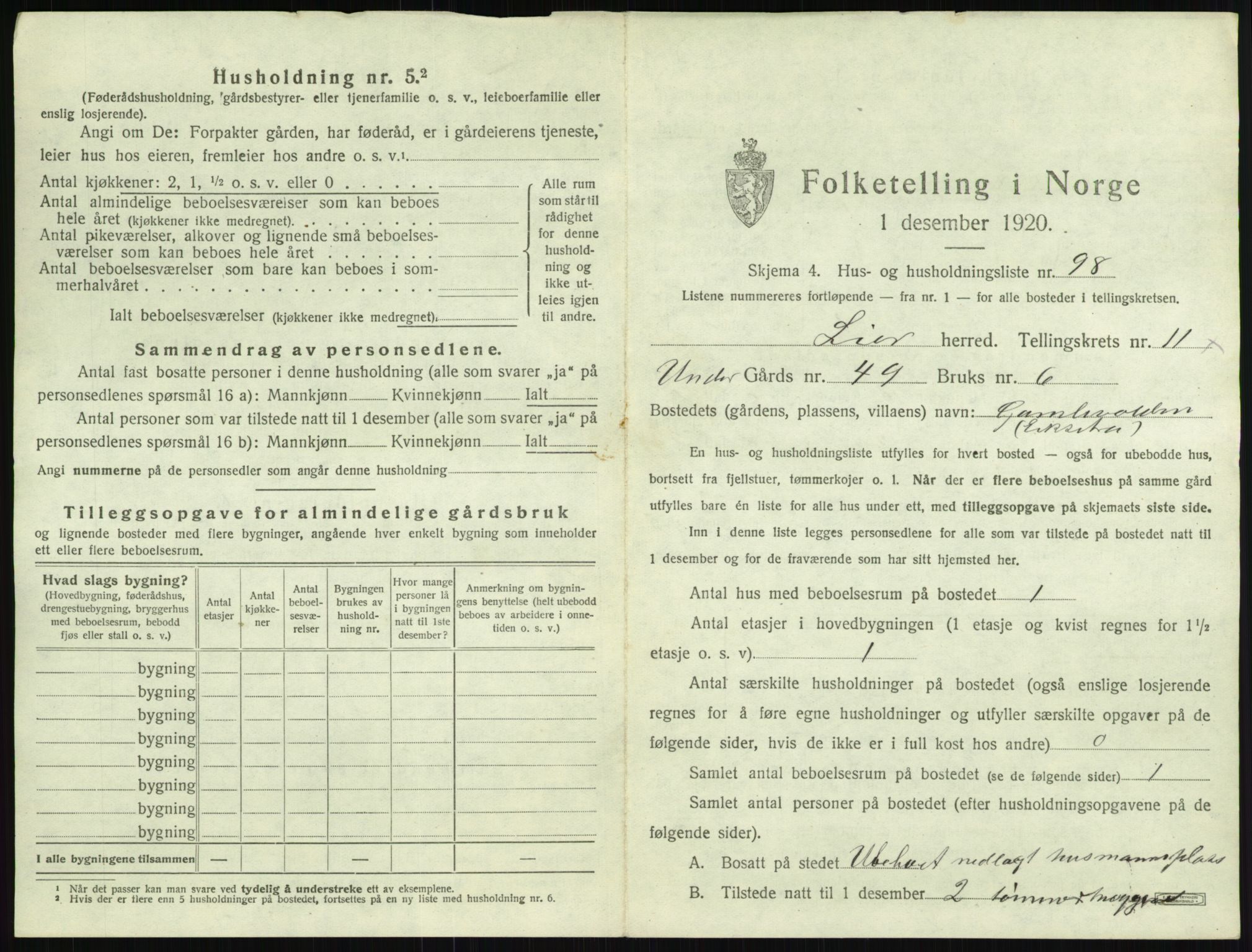 SAKO, 1920 census for Lier, 1920, p. 2005