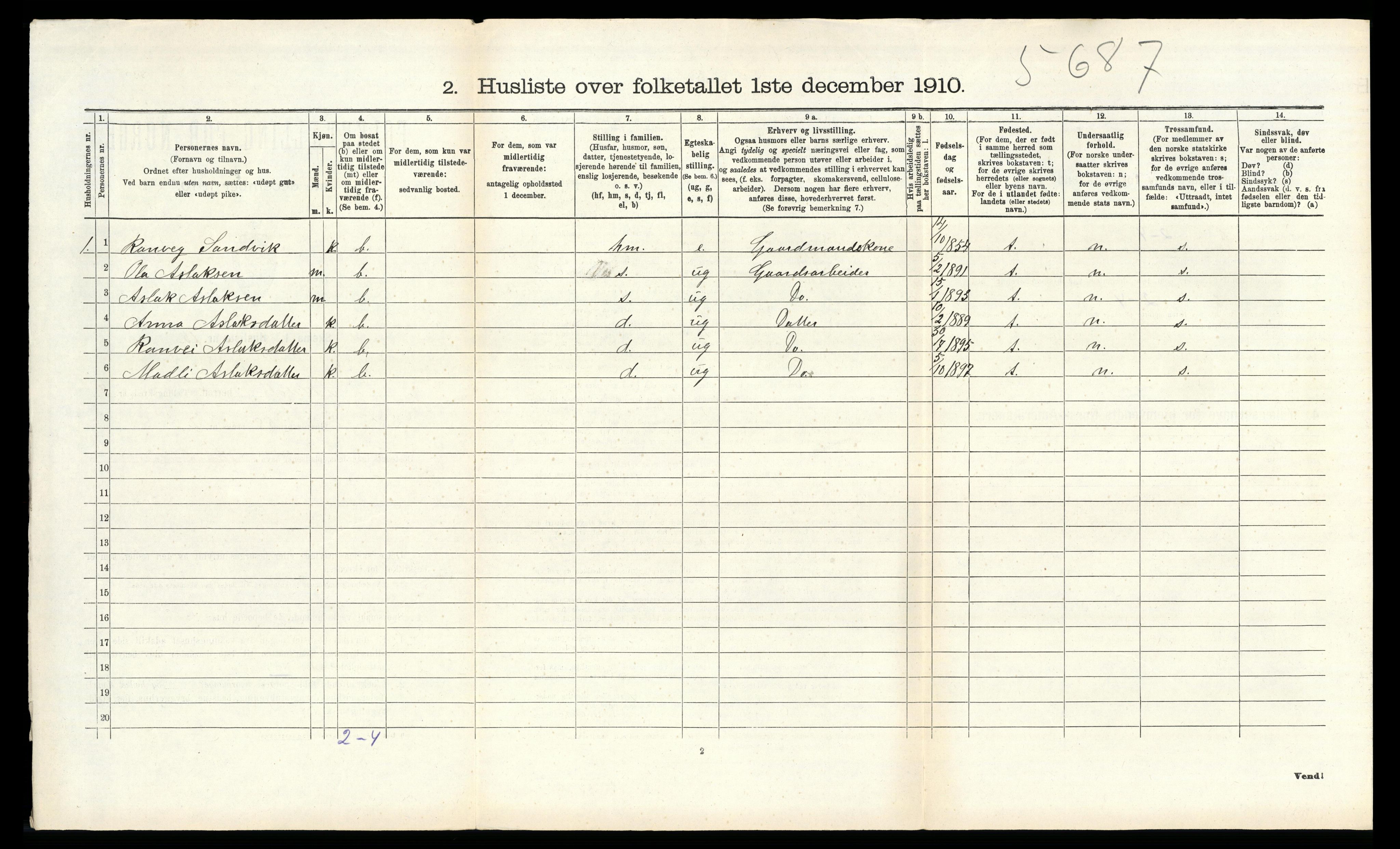 RA, 1910 census for Suldal, 1910, p. 542