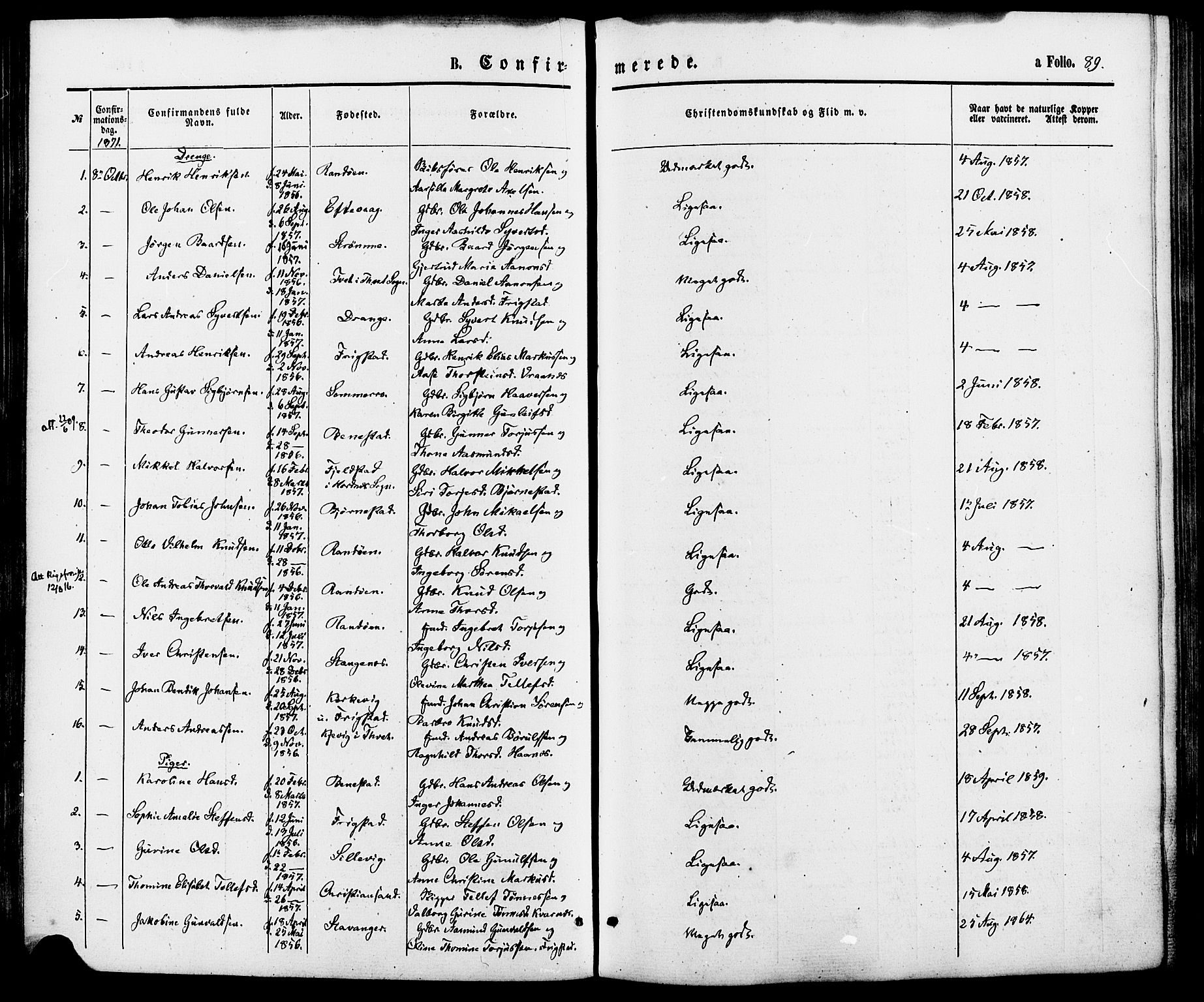 Oddernes sokneprestkontor, AV/SAK-1111-0033/F/Fa/Fab/L0001: Parish register (official) no. A 1, 1865-1884, p. 89