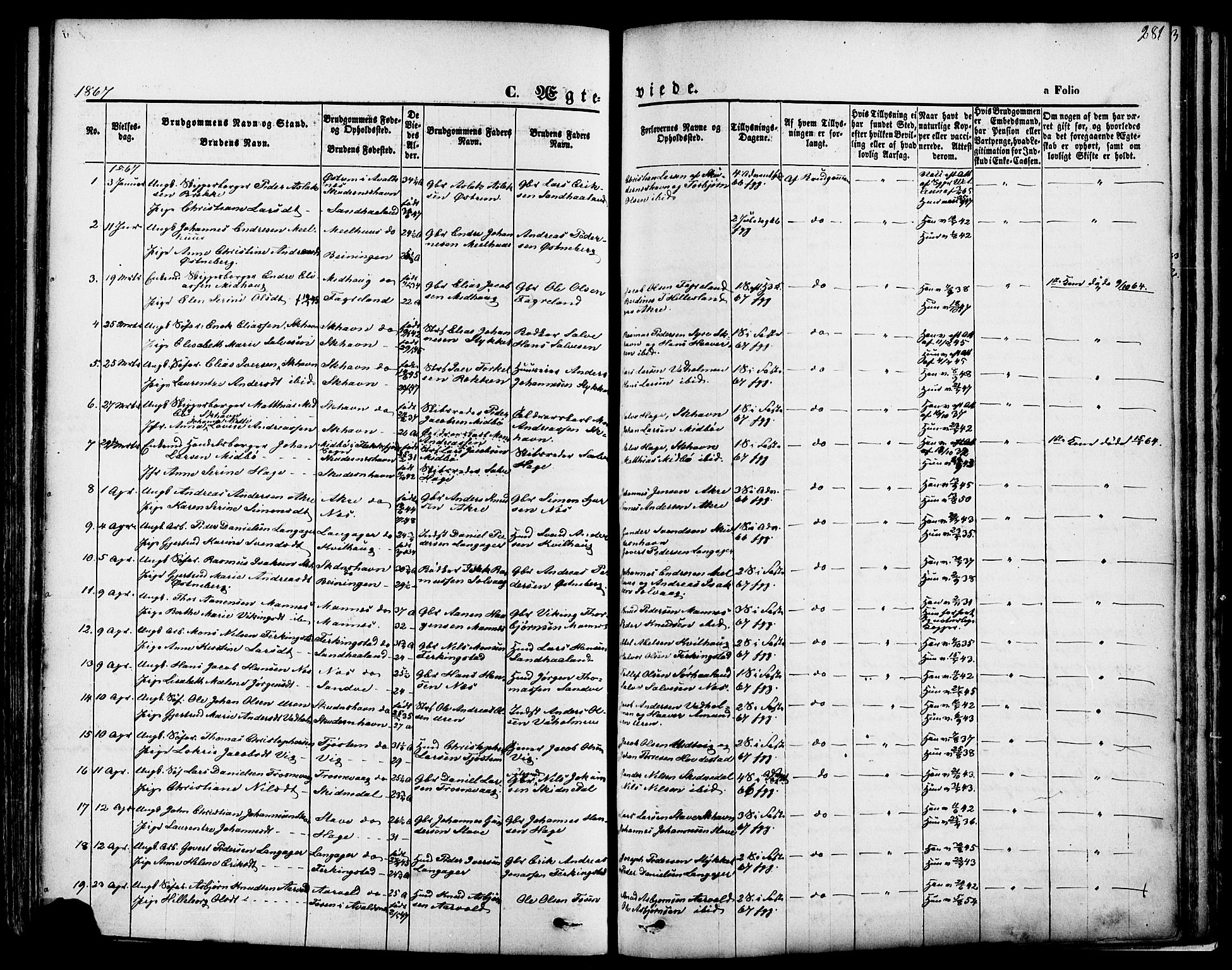 Skudenes sokneprestkontor, SAST/A -101849/H/Ha/Haa/L0006: Parish register (official) no. A 4, 1864-1881, p. 281