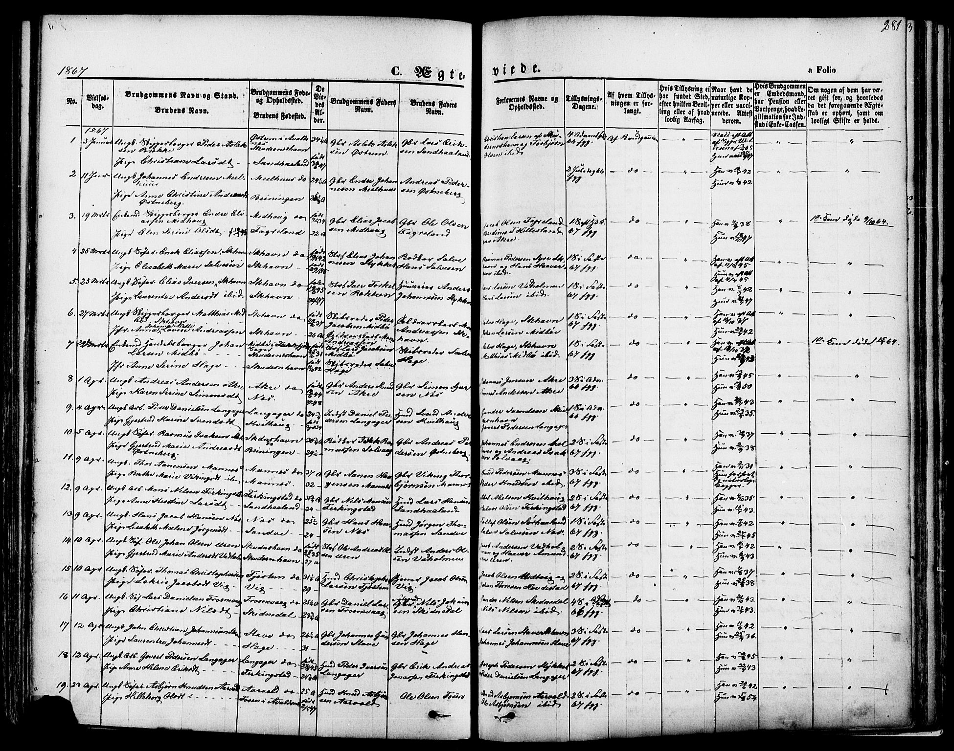 Skudenes sokneprestkontor, AV/SAST-A -101849/H/Ha/Haa/L0006: Parish register (official) no. A 4, 1864-1881, p. 281