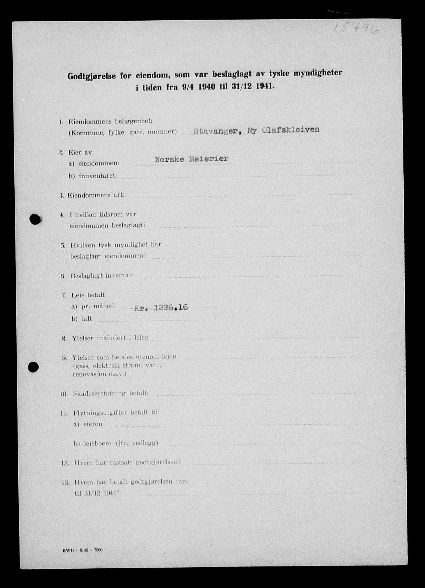 Justisdepartementet, Tilbakeføringskontoret for inndratte formuer, AV/RA-S-1564/I/L1014: Godtgjørelse for beslaglagt eiendom, 1940-1941, p. 100