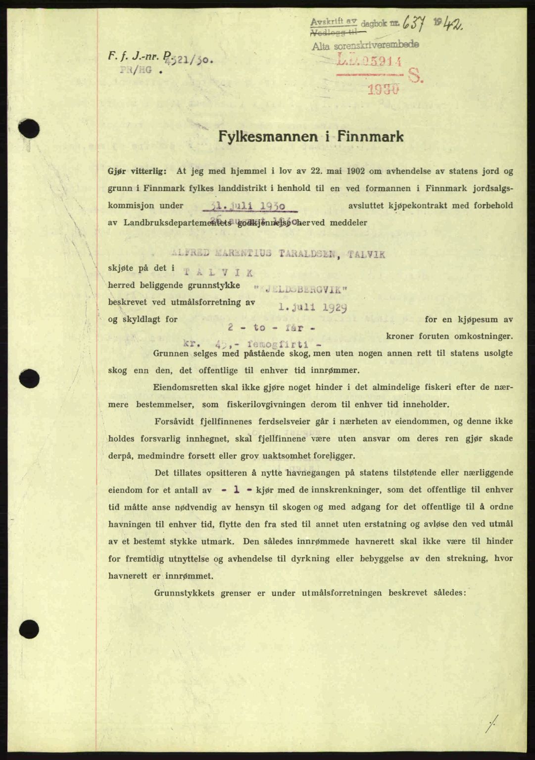 Alta fogderi/sorenskriveri, SATØ/SATØ-5/1/K/Kd/L0033pantebok: Mortgage book no. 33, 1940-1943, Diary no: : 637/1942